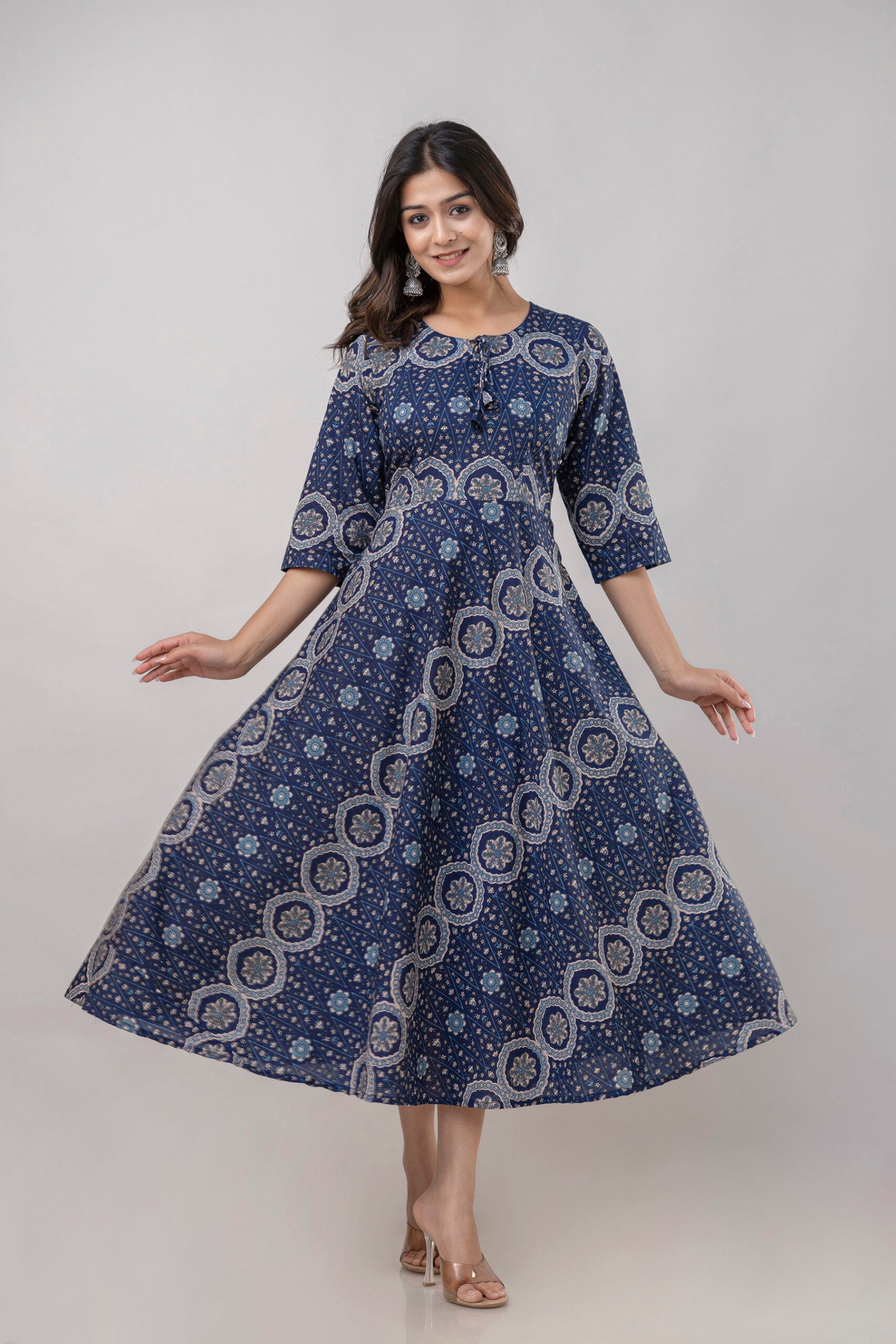 Adya Royal Blue Pure Cotton Umbrella Dress Masang