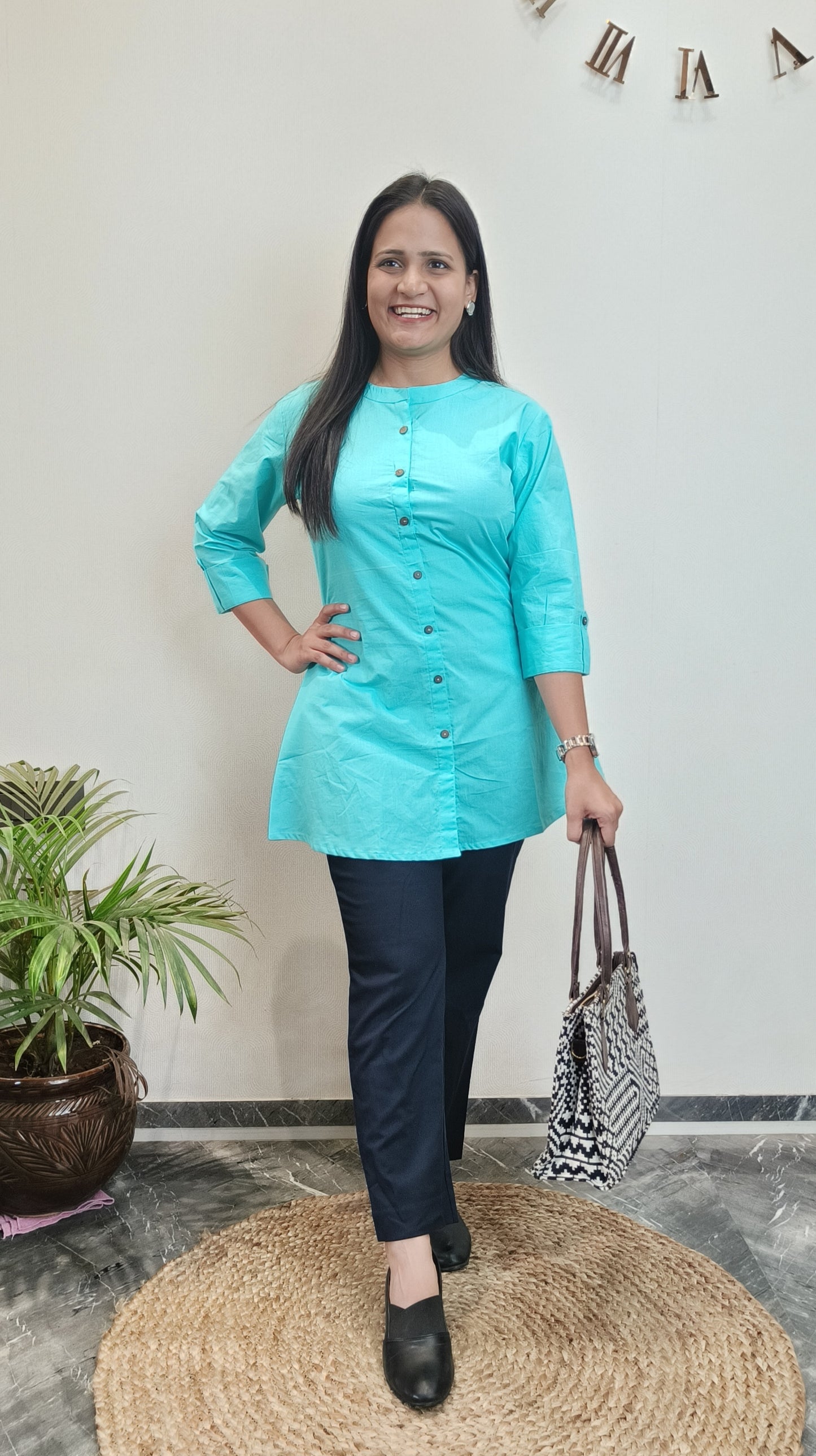 Aqua Blue Cotton Poplin Short Kurta
