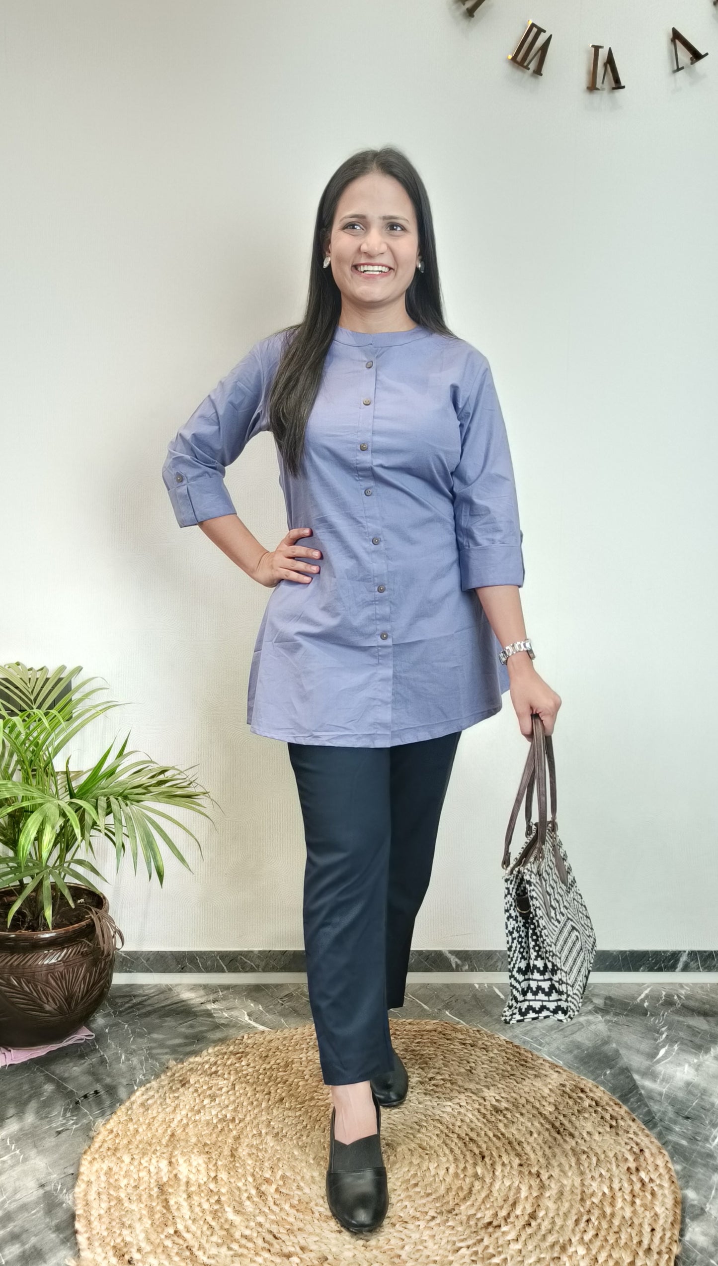 Berry Blue Cotton Poplin Short Kurta