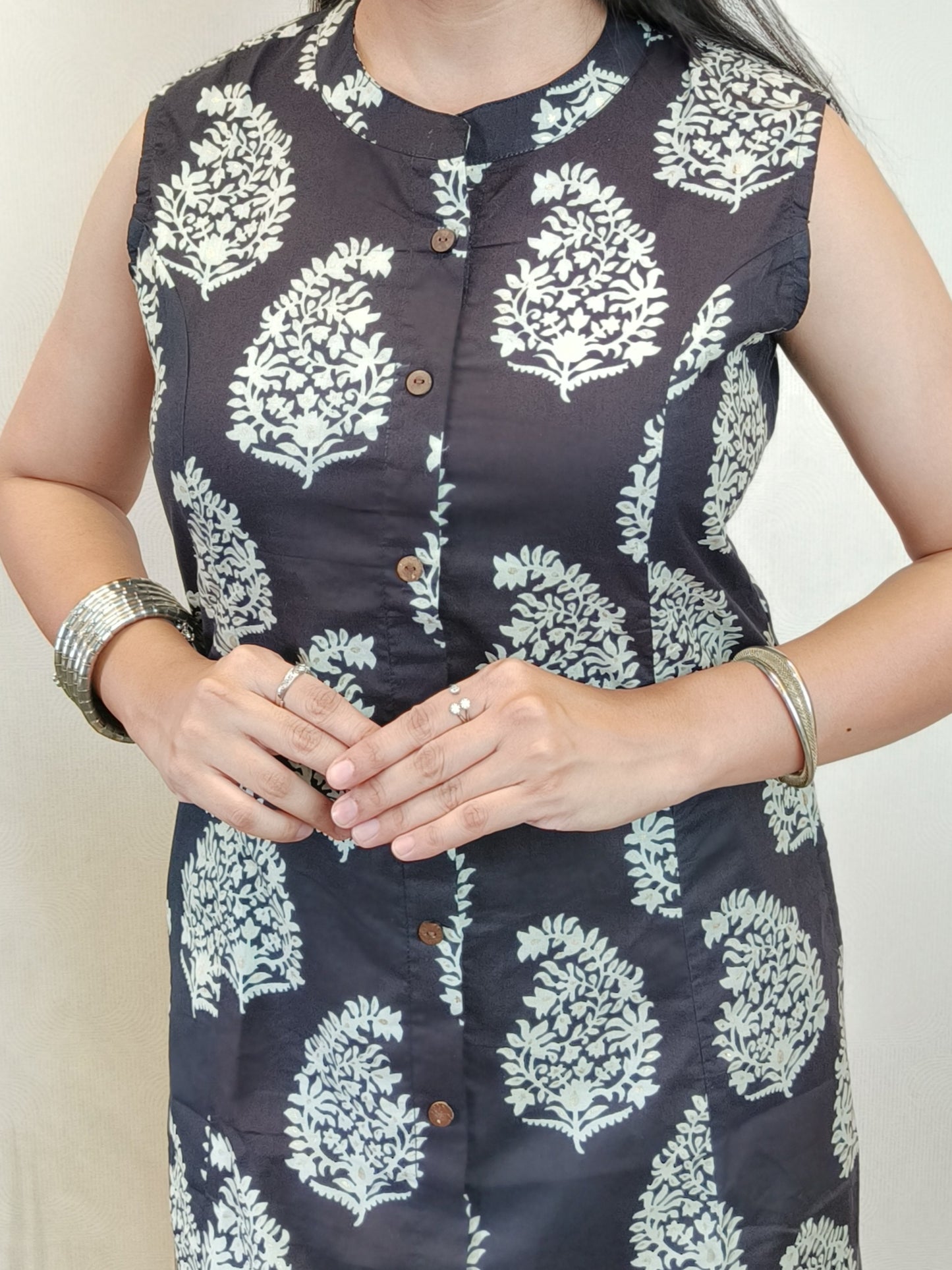 Black leaf motif printed A-line kurta set