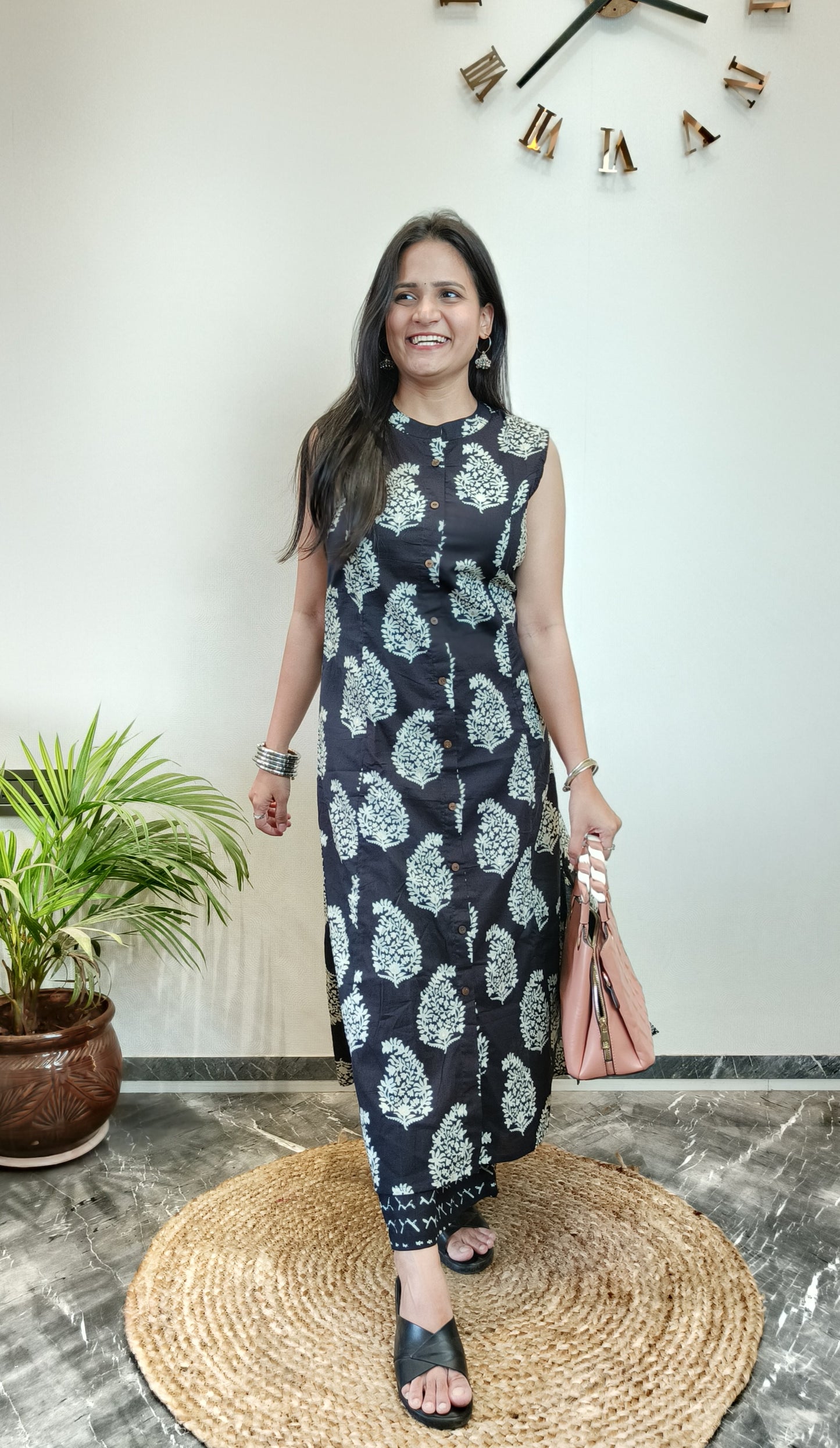 Black leaf motif printed A-line kurta set