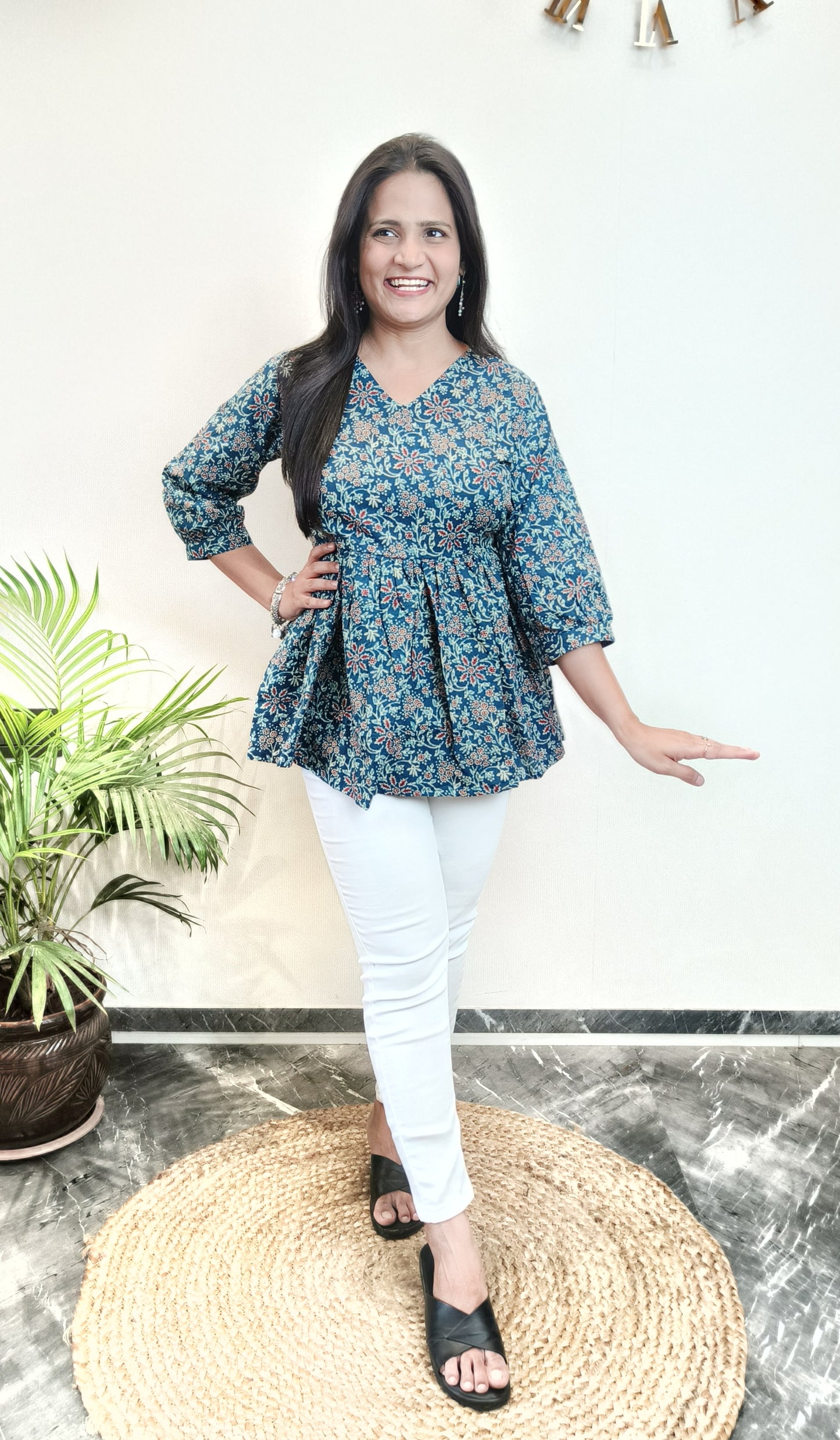 Blue and red floral jaal peplum top