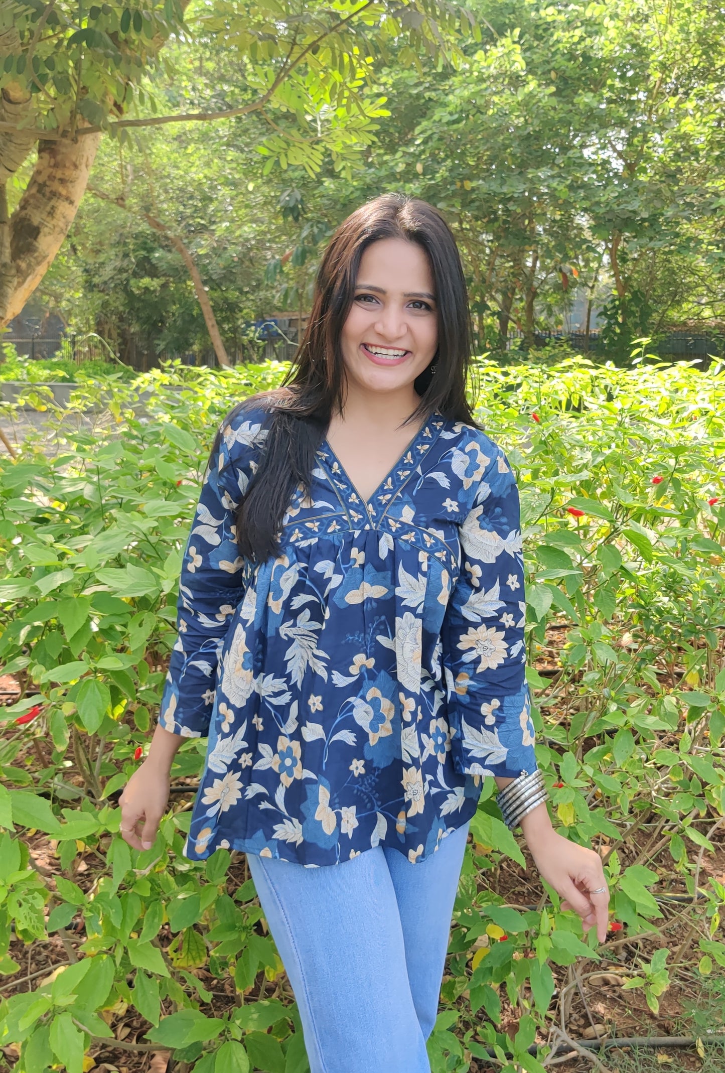Blue Floral Alia Top with Cute Border