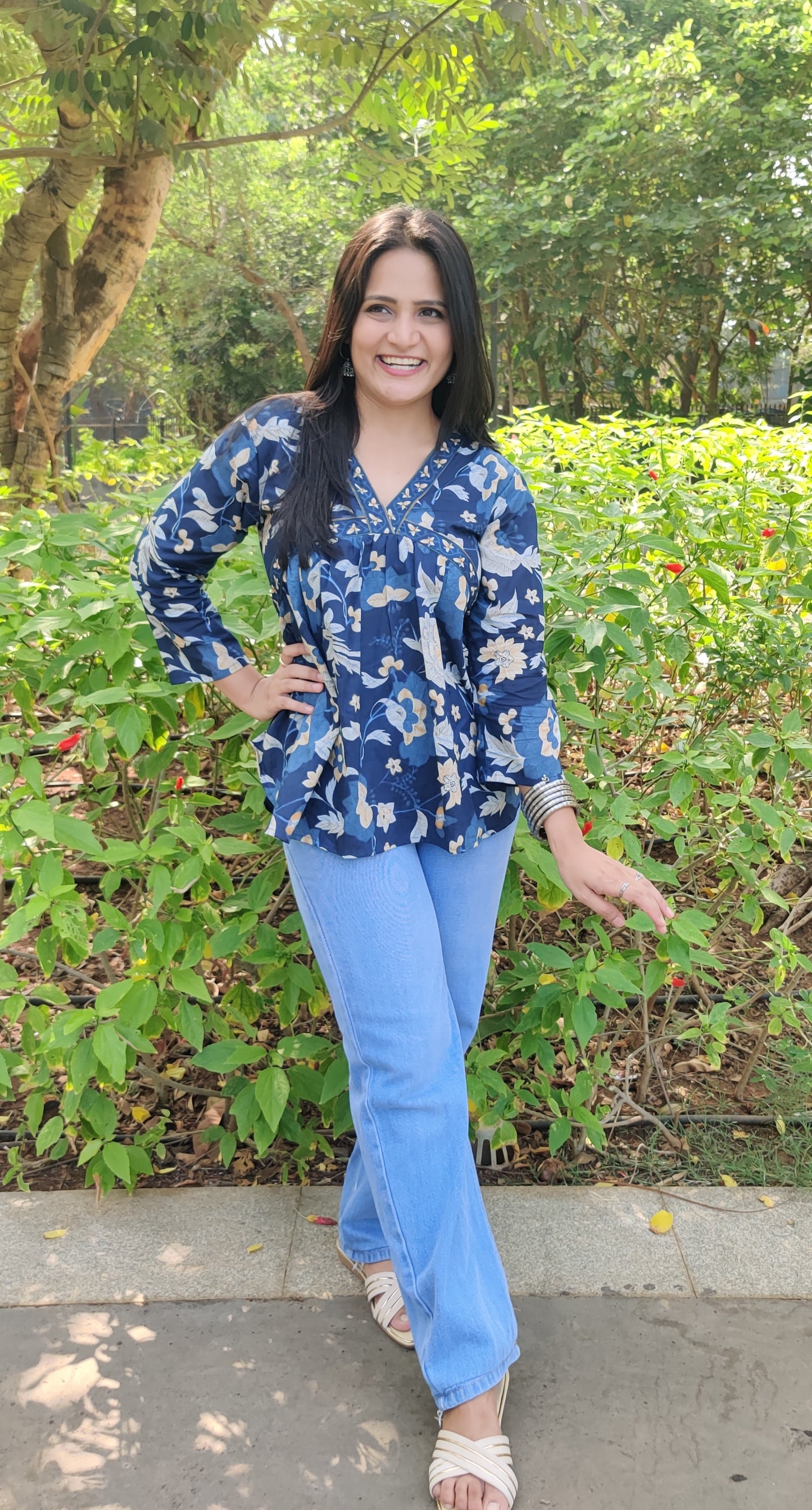 Blue Floral Alia Top with Cute Border