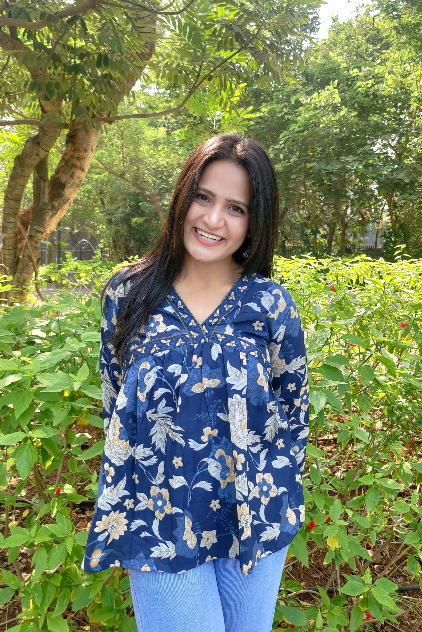Blue Floral Alia Top with Cute Border