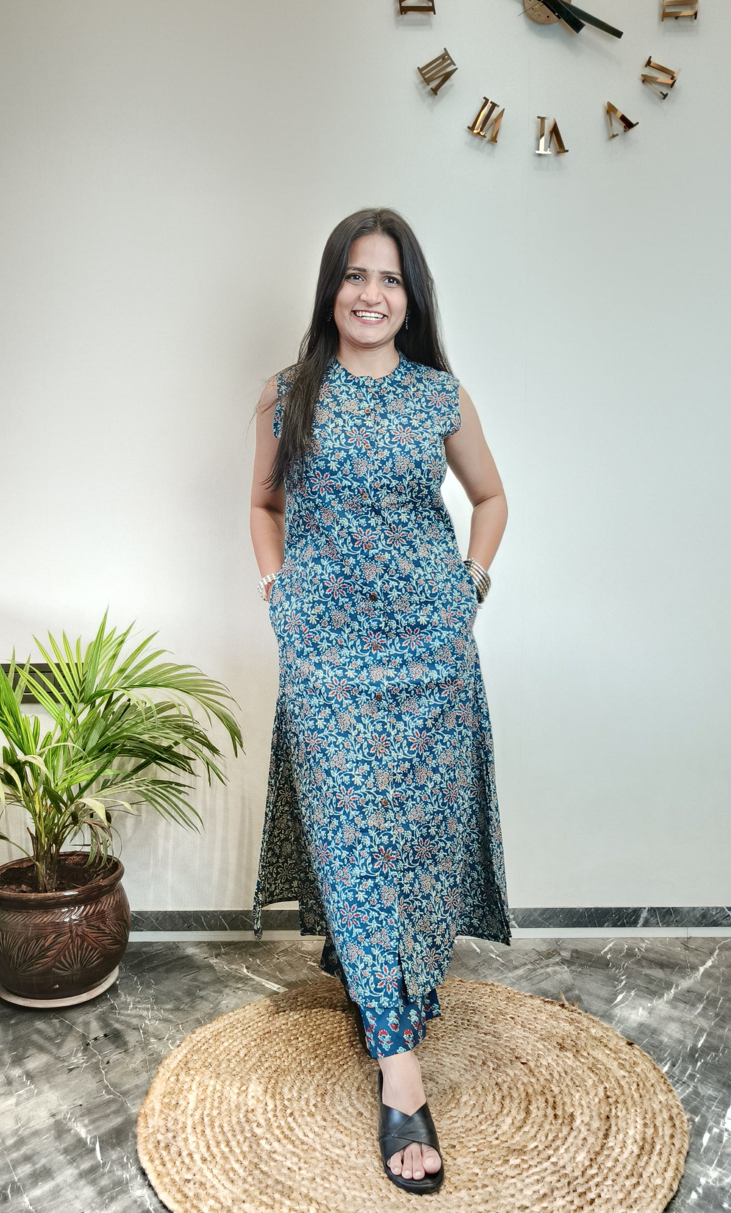 Blue floral jaal printed A-line kurta set