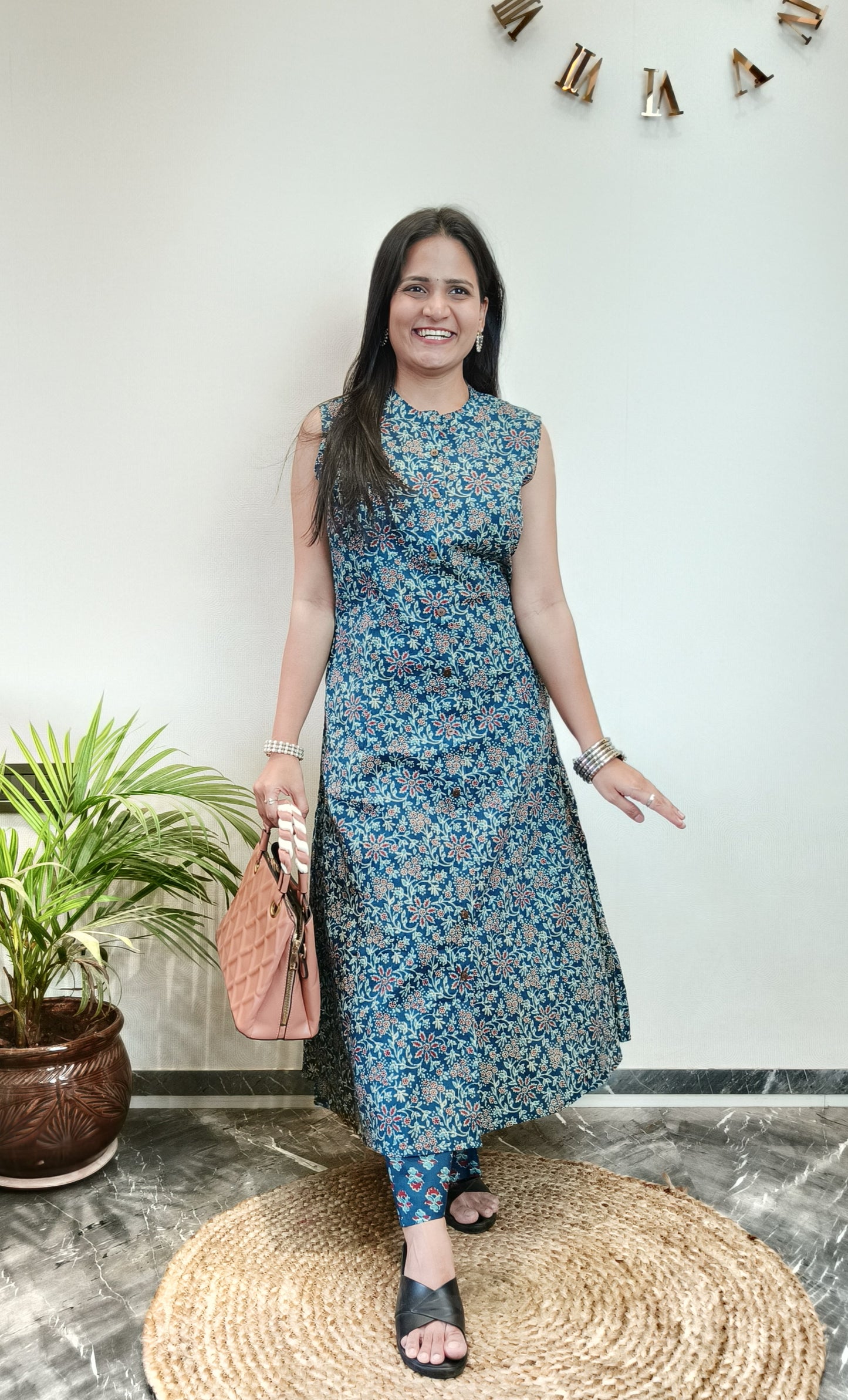 Blue floral jaal printed A-line kurta set