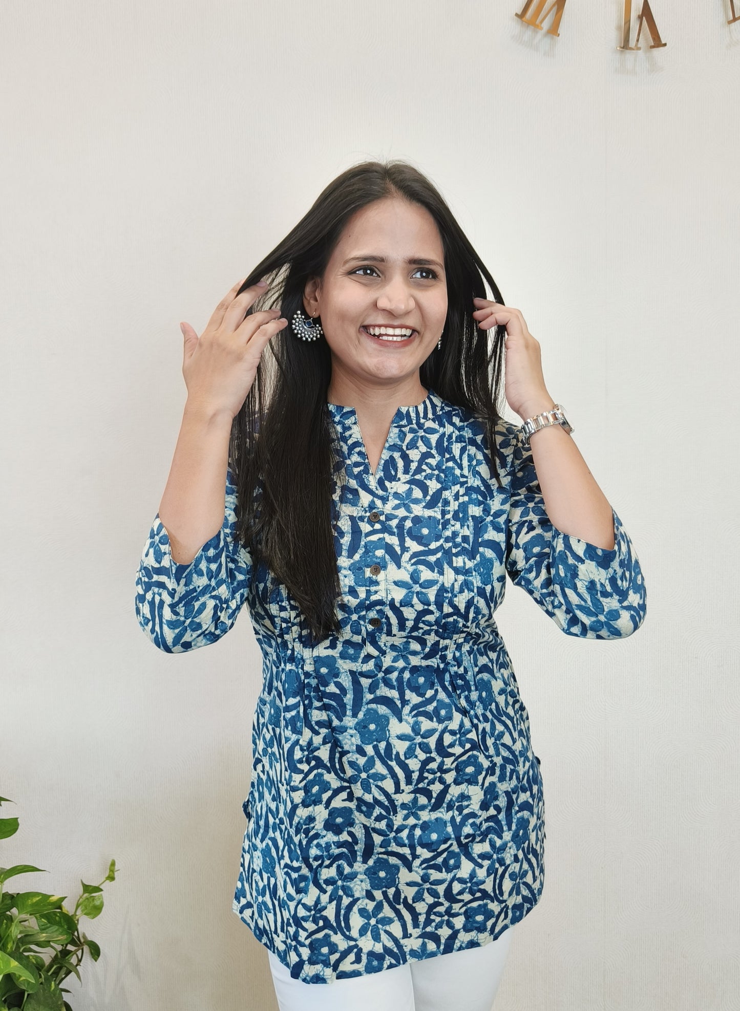 Blue floral motifs pintex short kurta