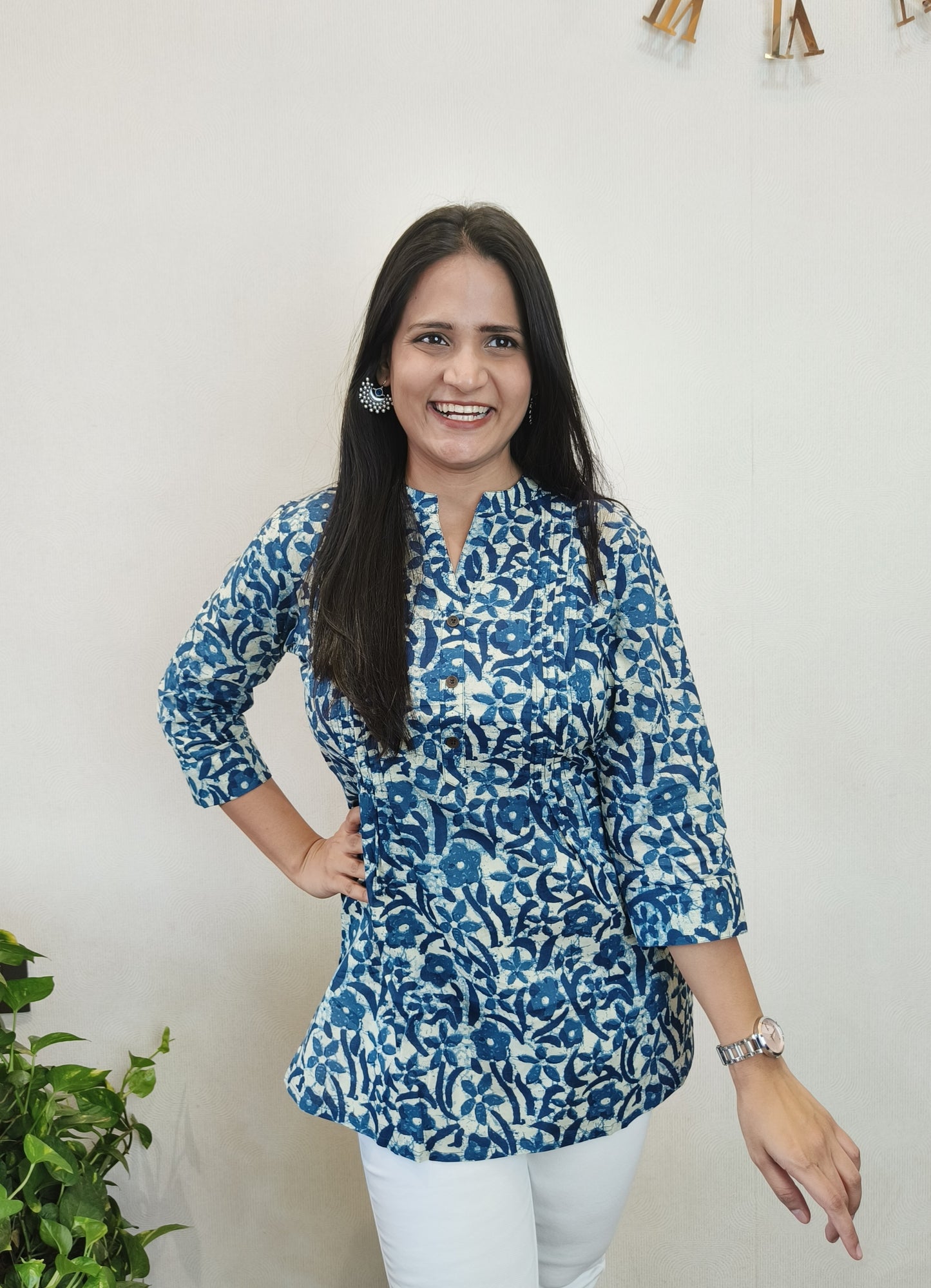 Blue floral motifs pintex short kurta