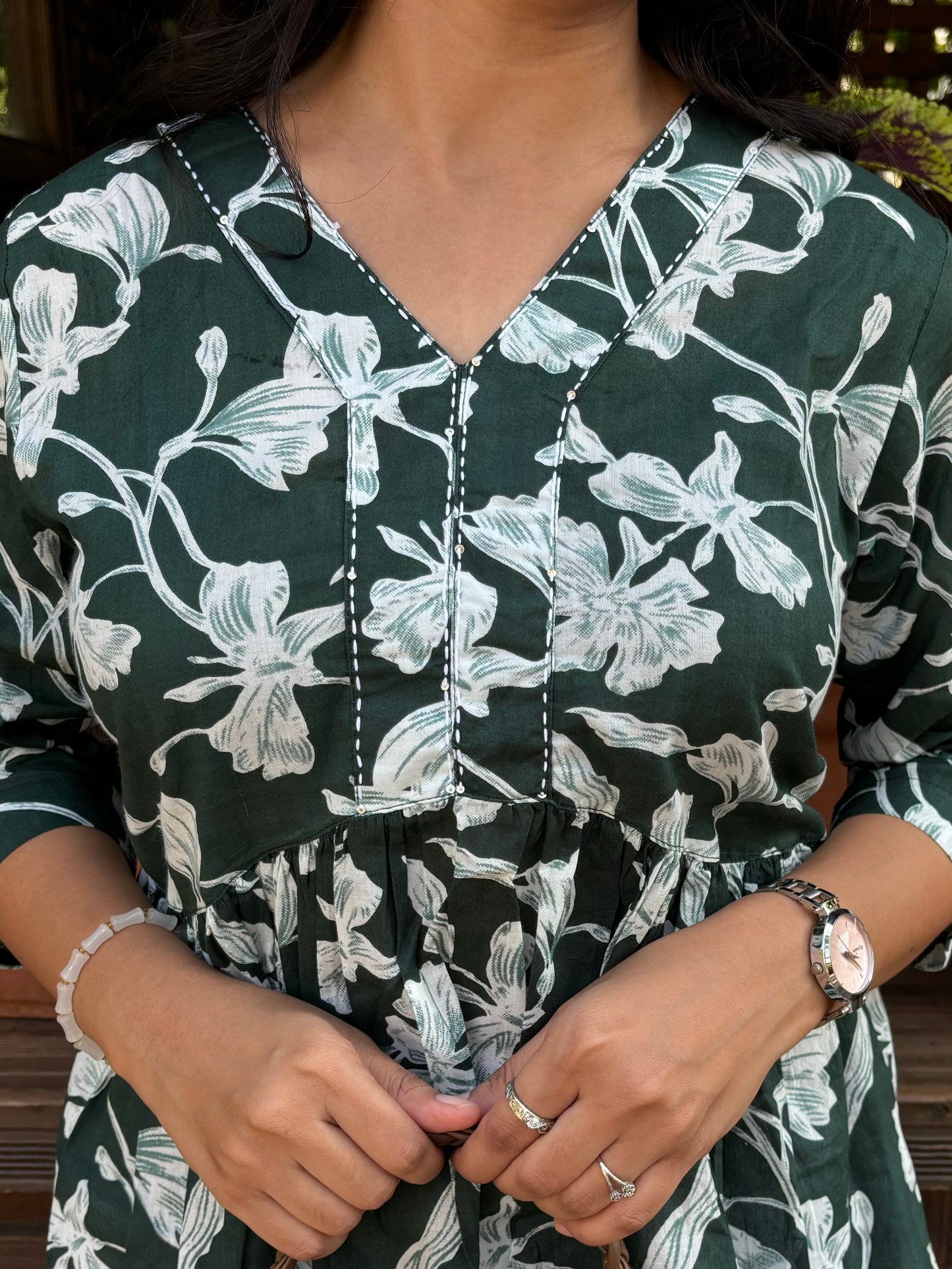 Bottle Green Floral Peplum Top with Kantha work