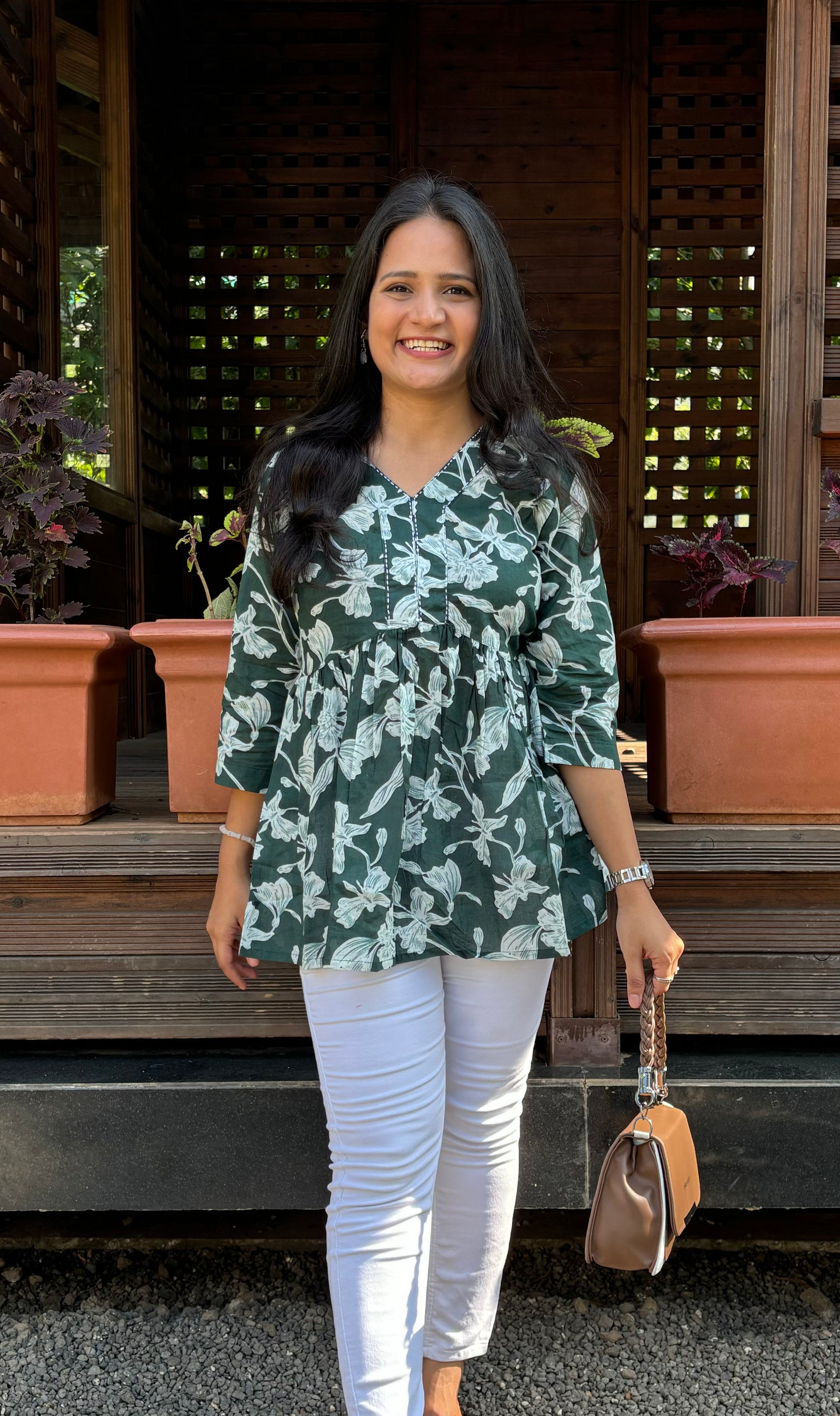 Bottle Green Floral Peplum Top with Kantha work
