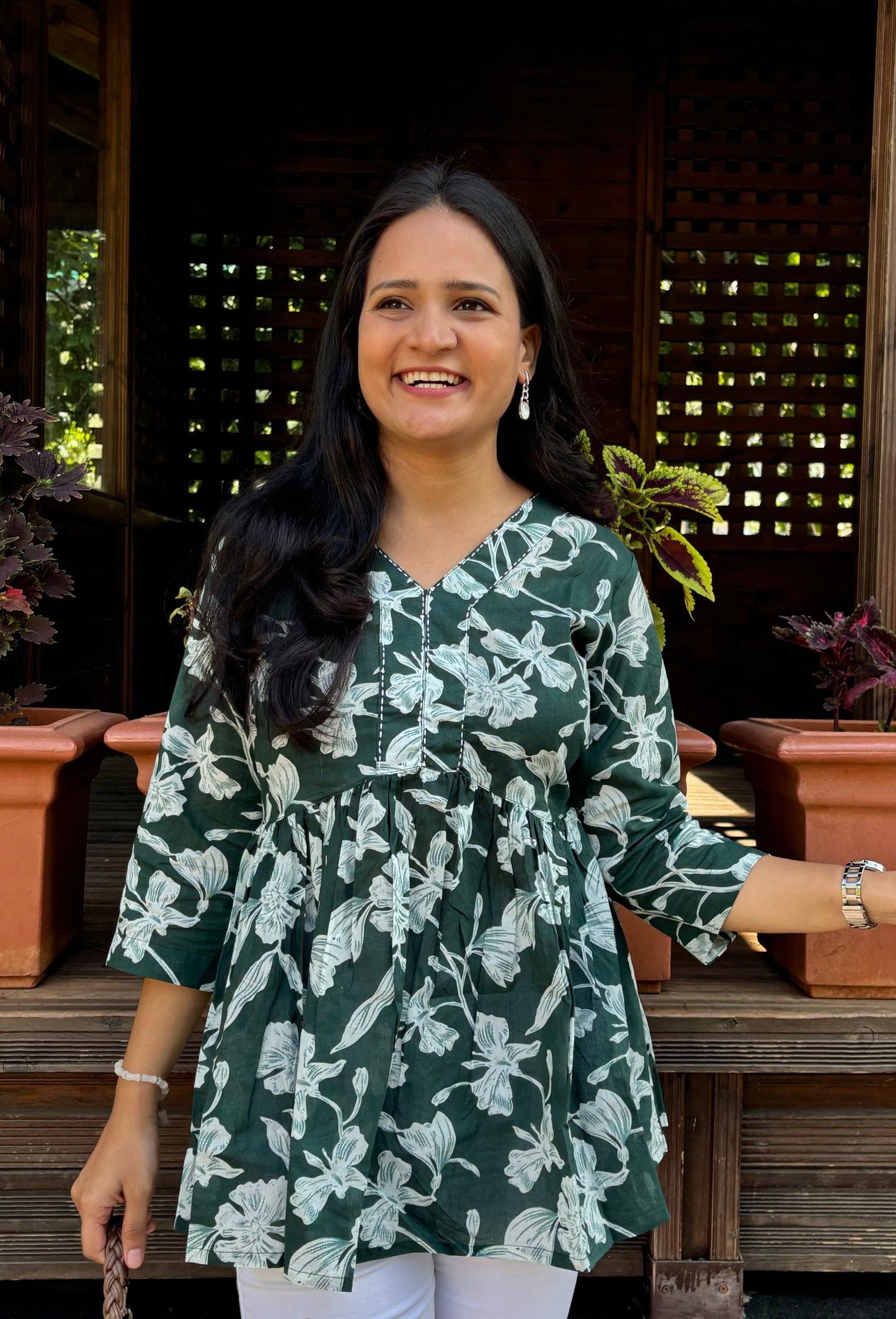 Bottle Green Floral Peplum Top with Kantha work