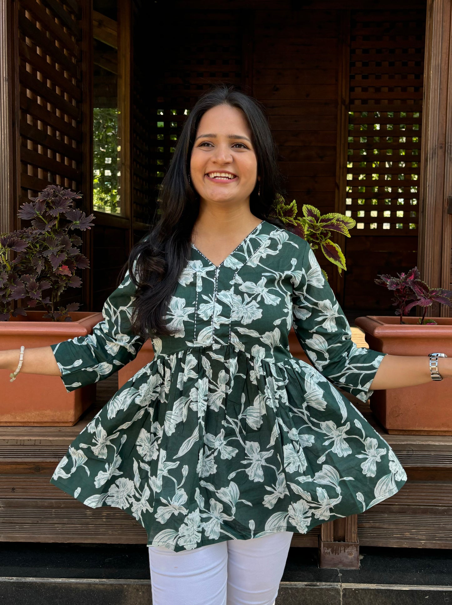 Bottle Green Floral Peplum Top with Kantha work