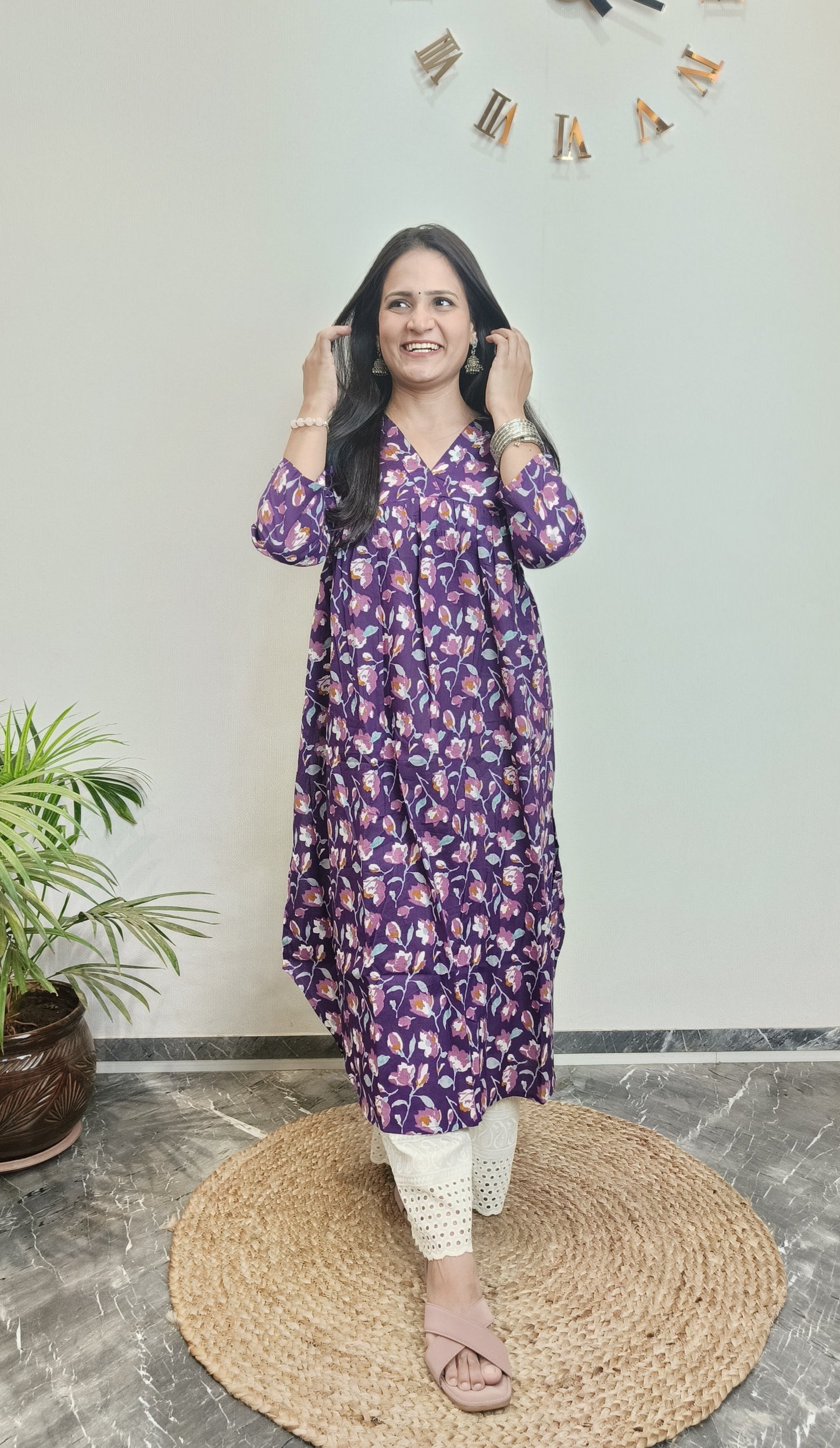 Bright purple floral V-neck Alia long kurta