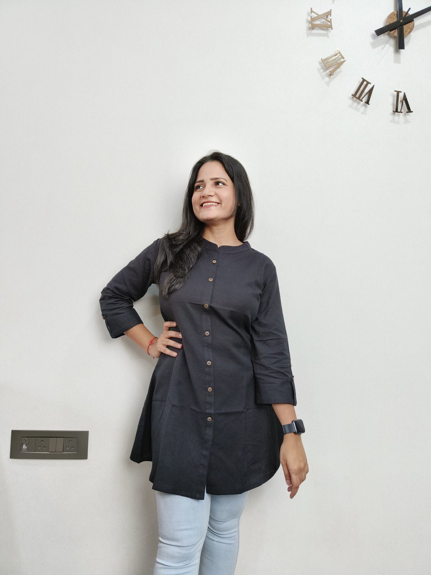 Midnight Black Cotton Flex Short Kurta