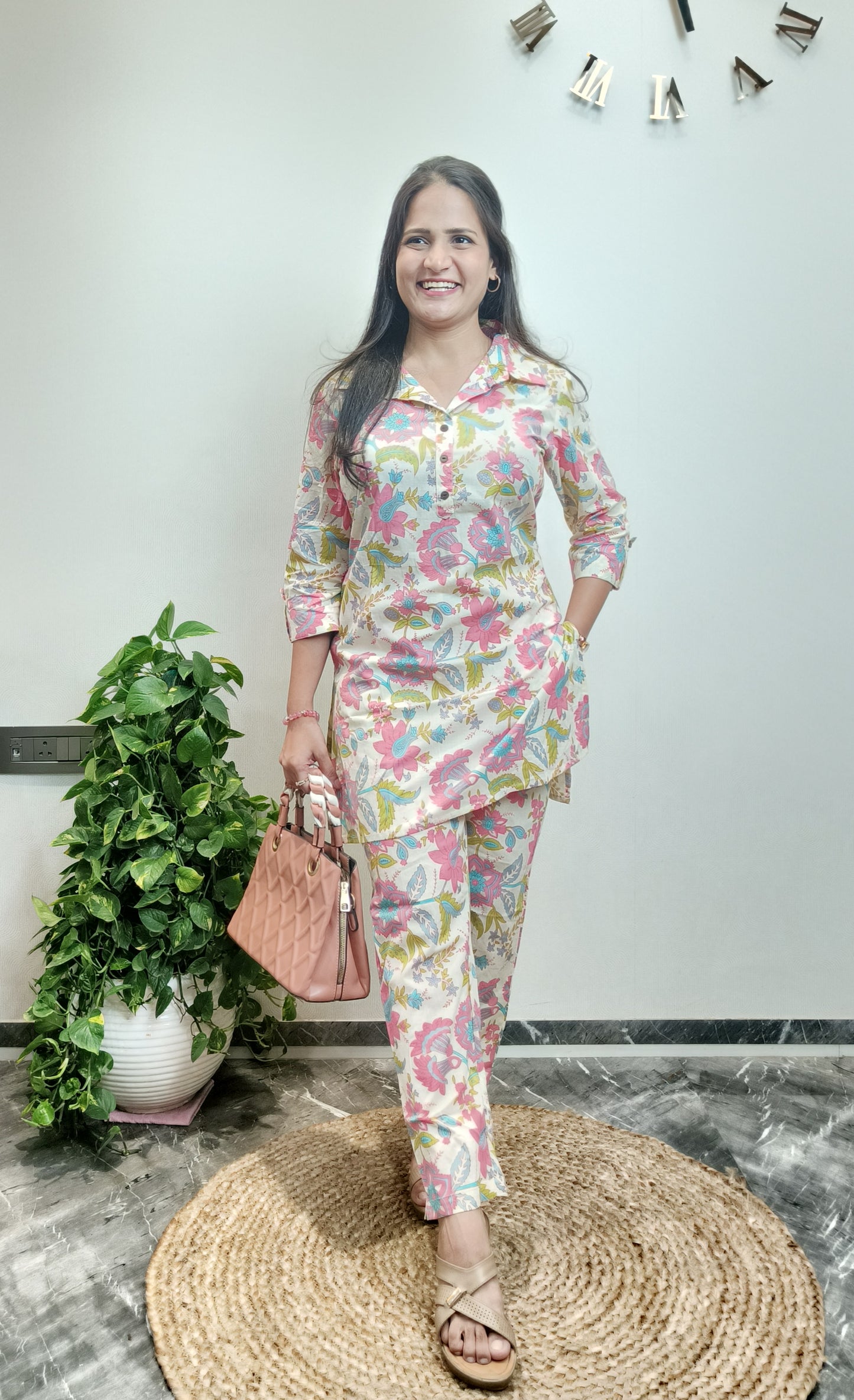 Cream and Pink Floral Co-ord Set
