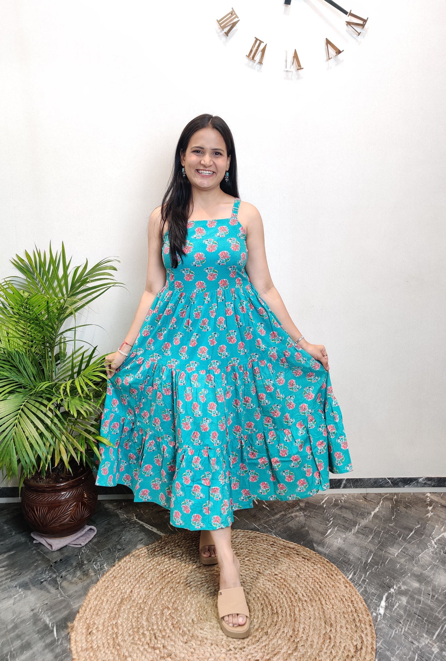 "Falak" Floral Cotton Dress with Printed Jacket