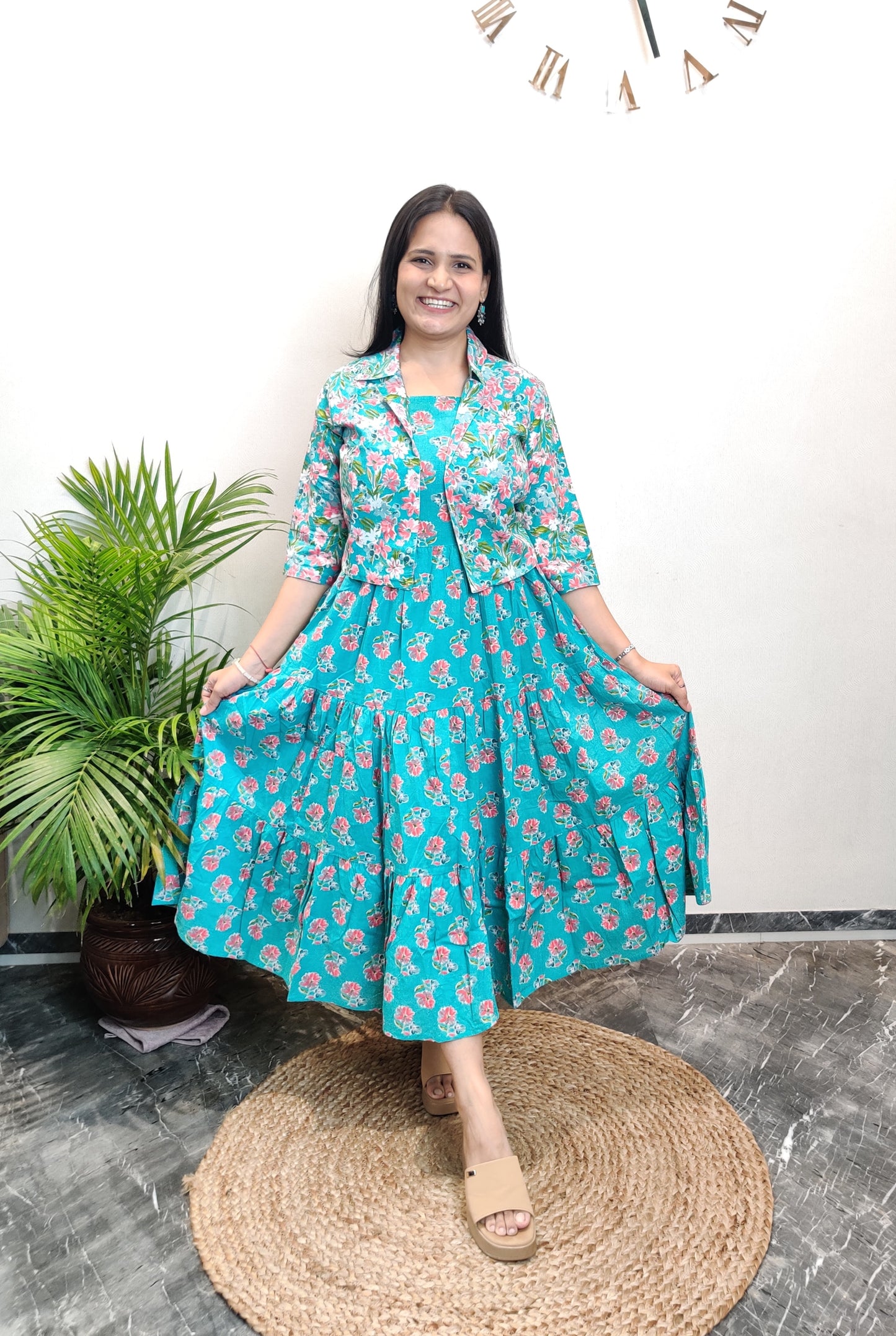 "Falak" Floral Cotton Dress with Printed Jacket