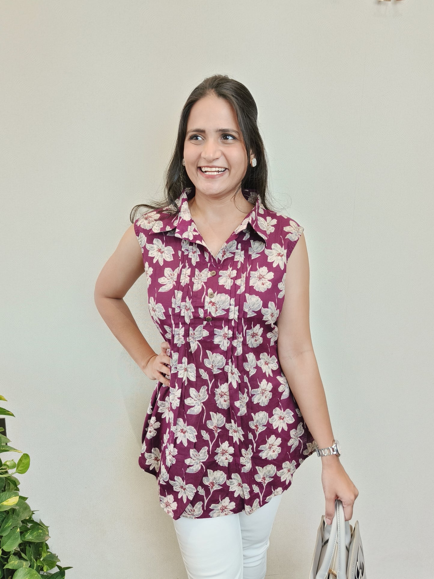 Floral Wine Pintex Short Kurta