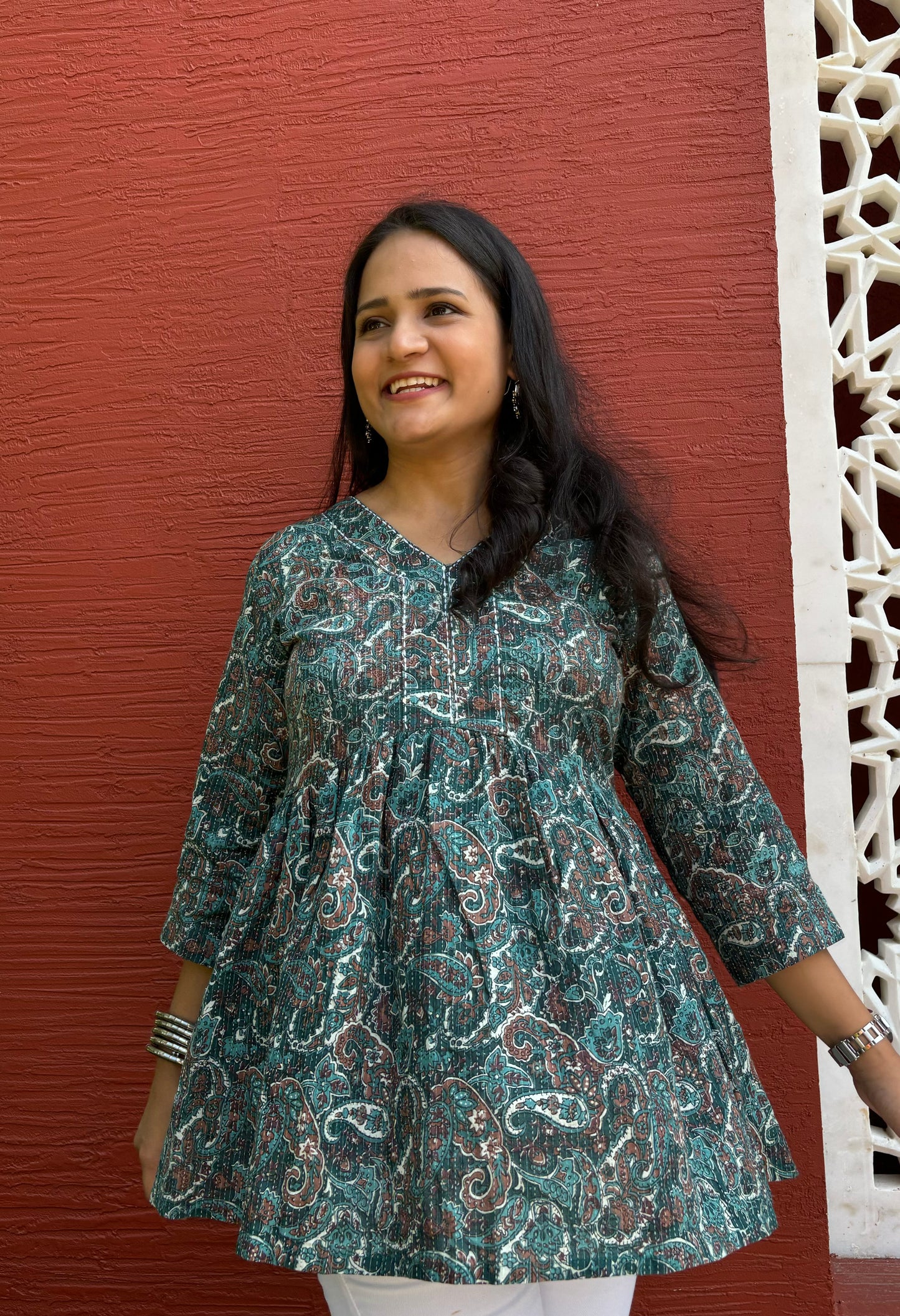Forest Green Ethnic Motifs Peplum Top with Kantha work