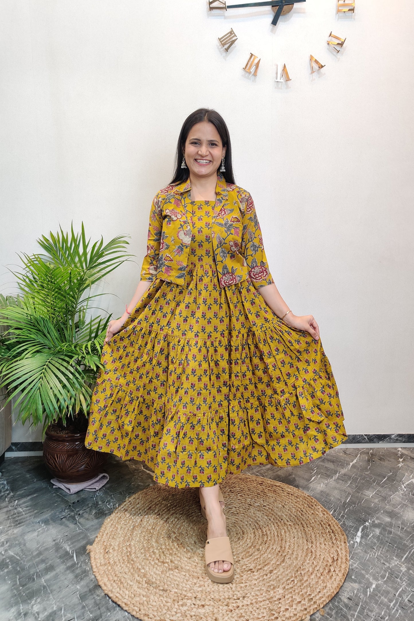"Gargi" Floral Cotton Dress with Printed Jacket