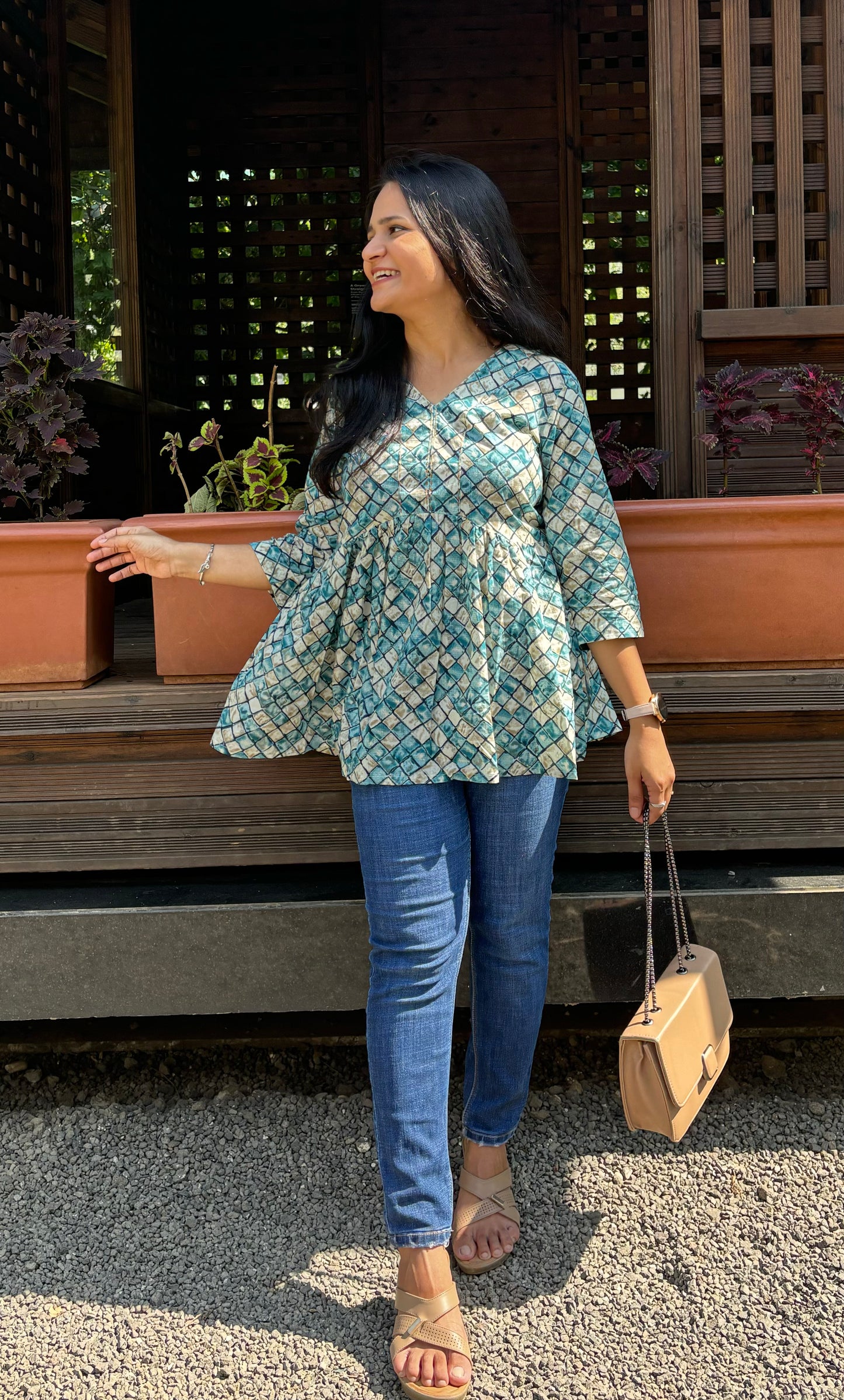 Geometric Blue Peplum Top with Kantha work