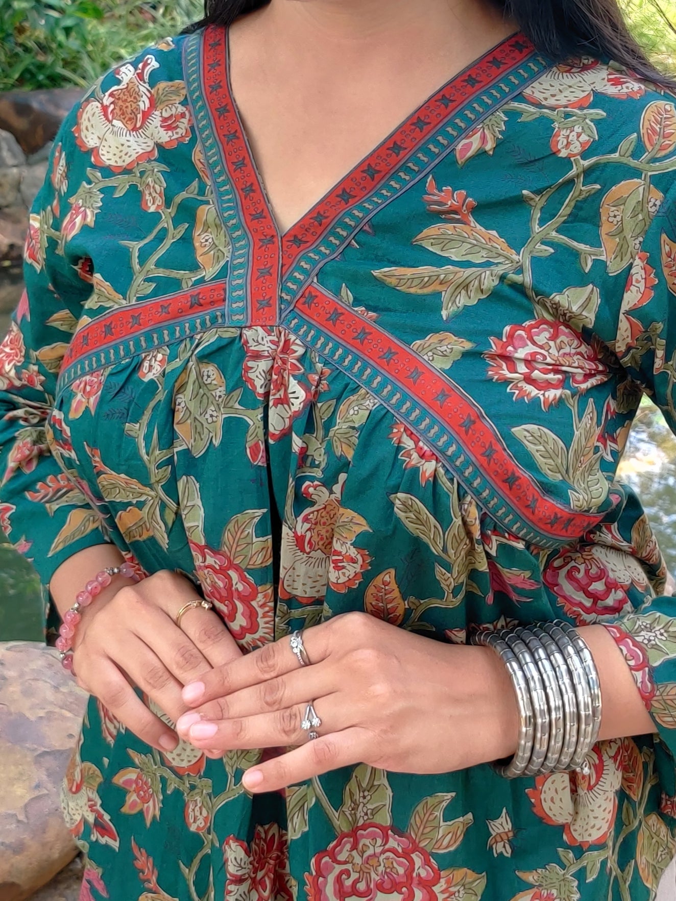 Green with Red border Floral Alia Top