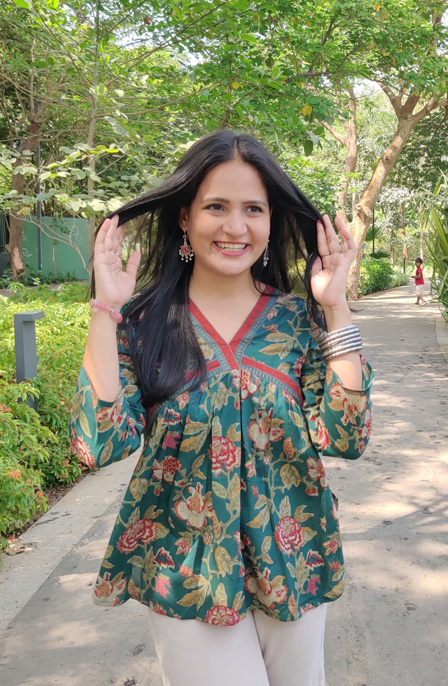 Green with Red border Floral Alia Top