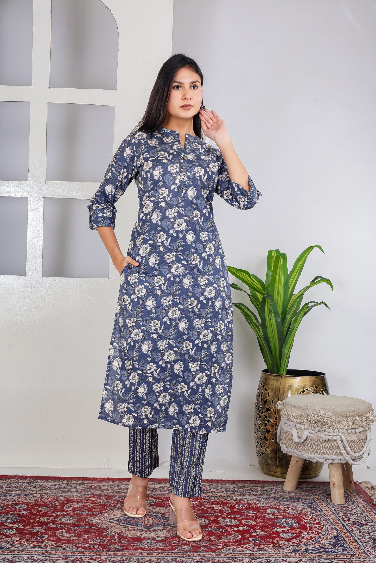 Greyish blue floral kurta pant set