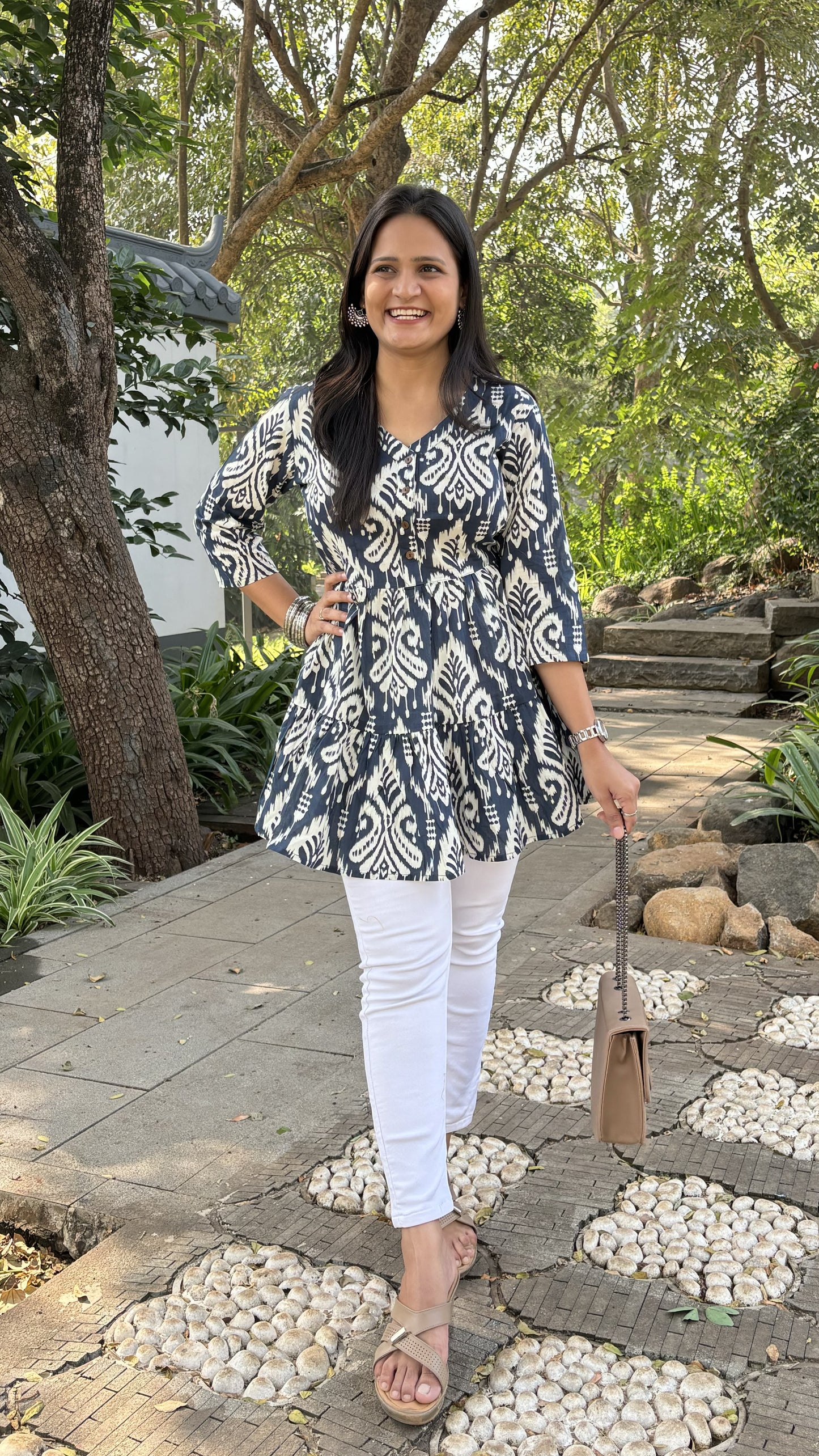 Indigo Ikat Tunic Top with Pockets