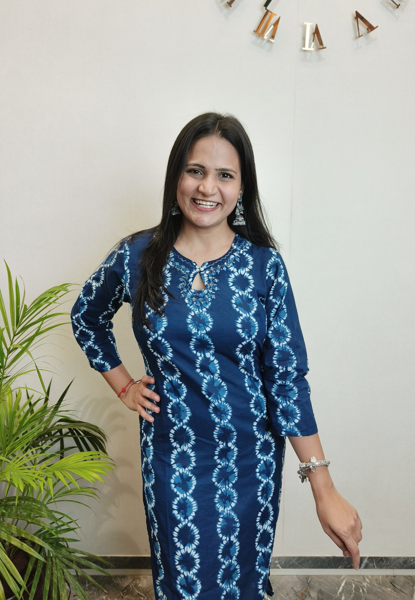 Indigo Lehriya Mirror Work Cotton Long Kurta