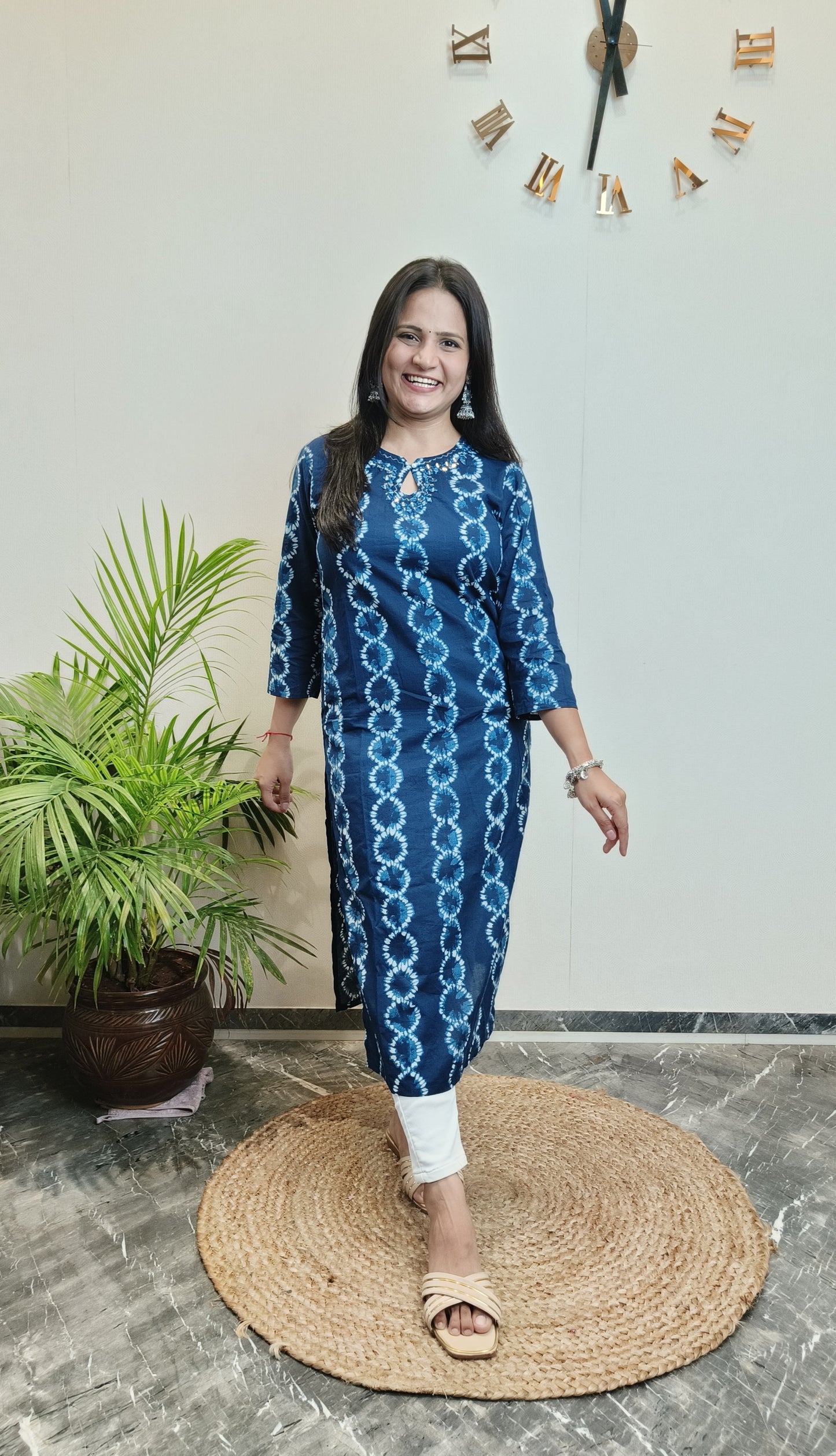 Indigo Lehriya Mirror Work Cotton Long Kurta