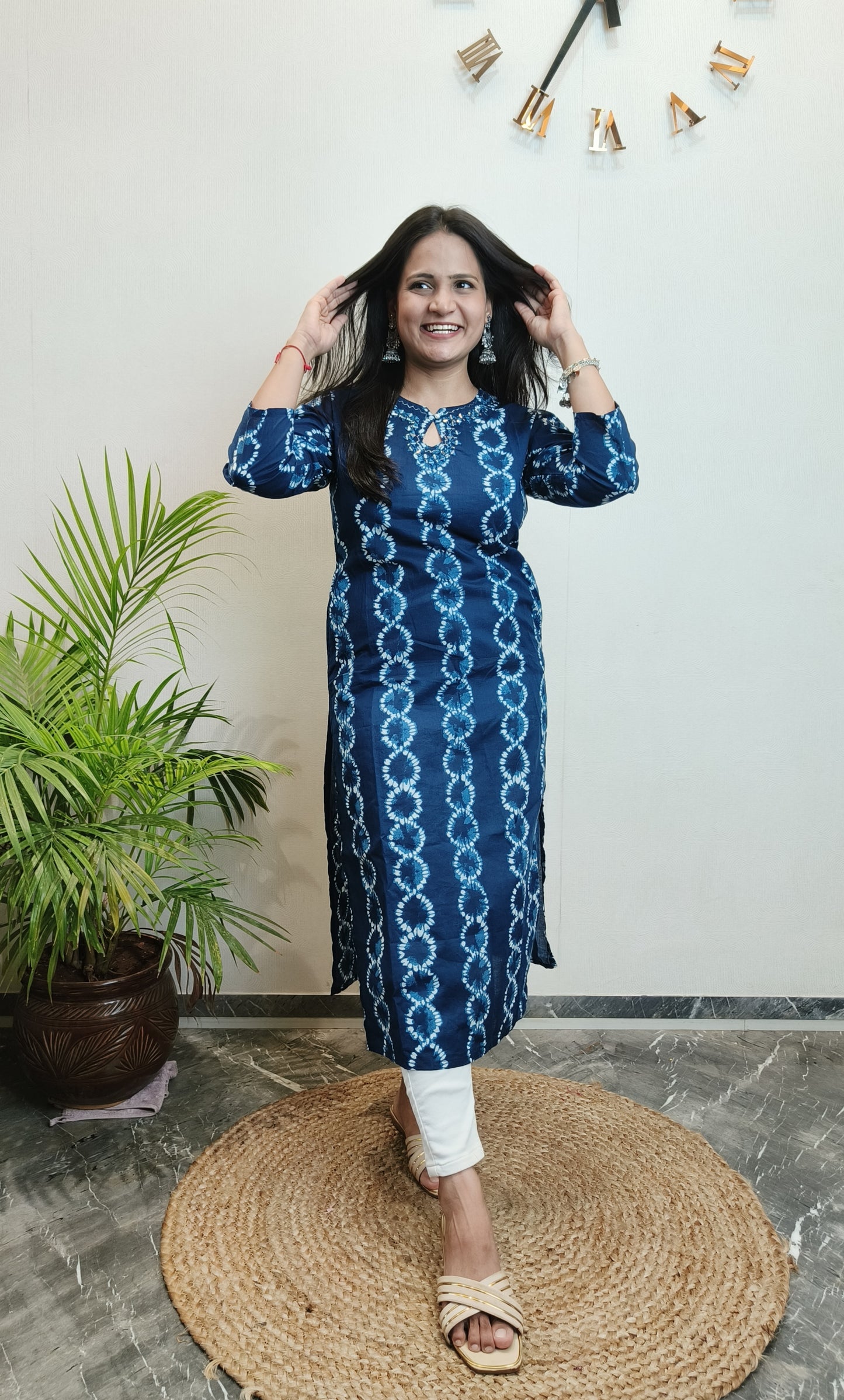Indigo Lehriya Mirror Work Cotton Long Kurta