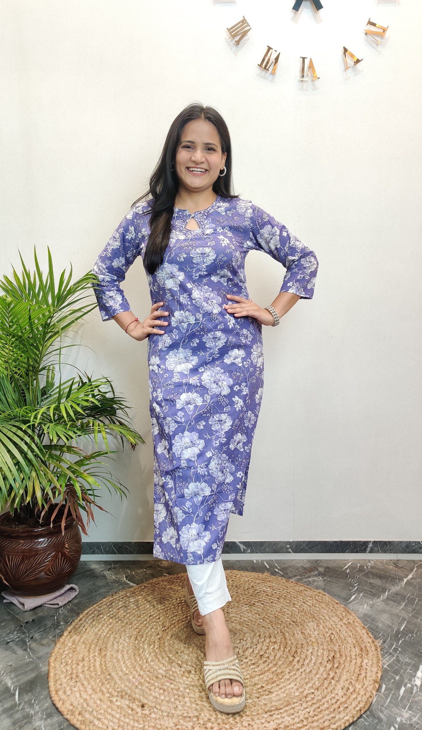 Lavender Floral Mirror Work Cotton Long Kurta