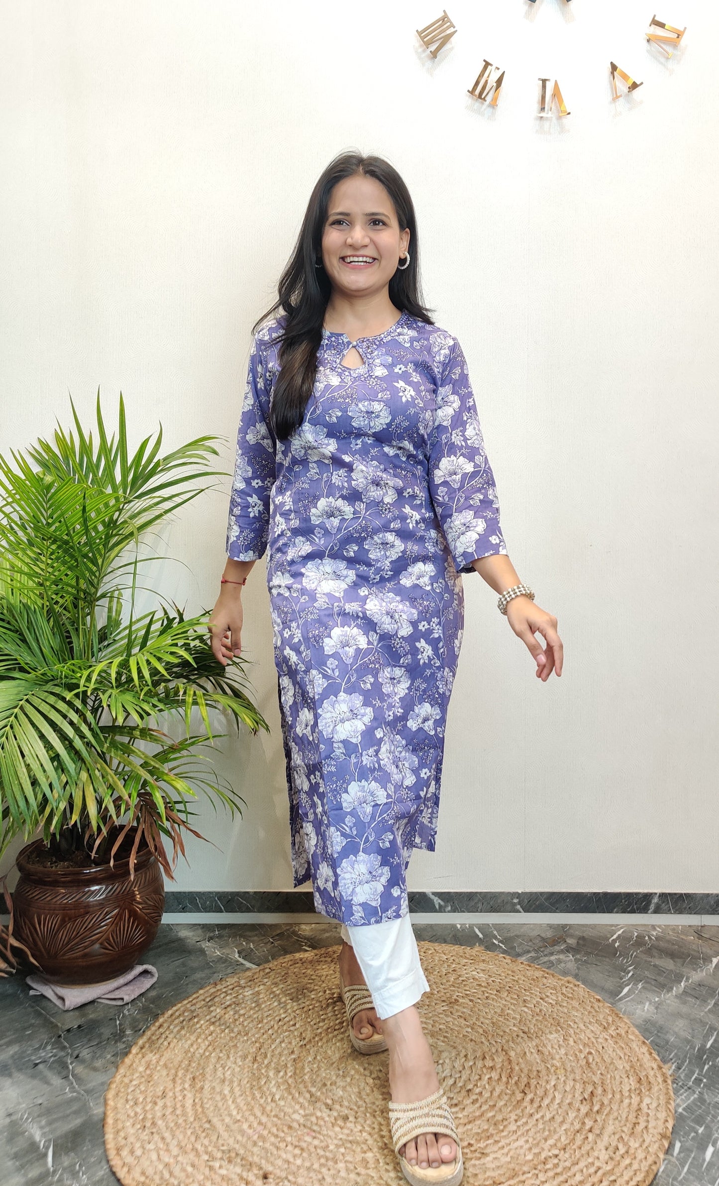 Lavender Floral Mirror Work Cotton Long Kurta