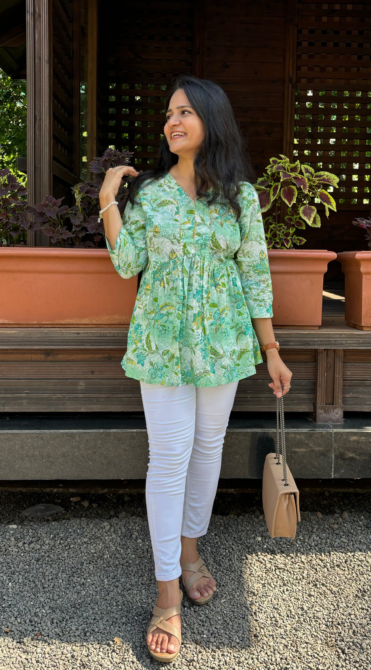 Lemon Green Peplum Top with Kantha work