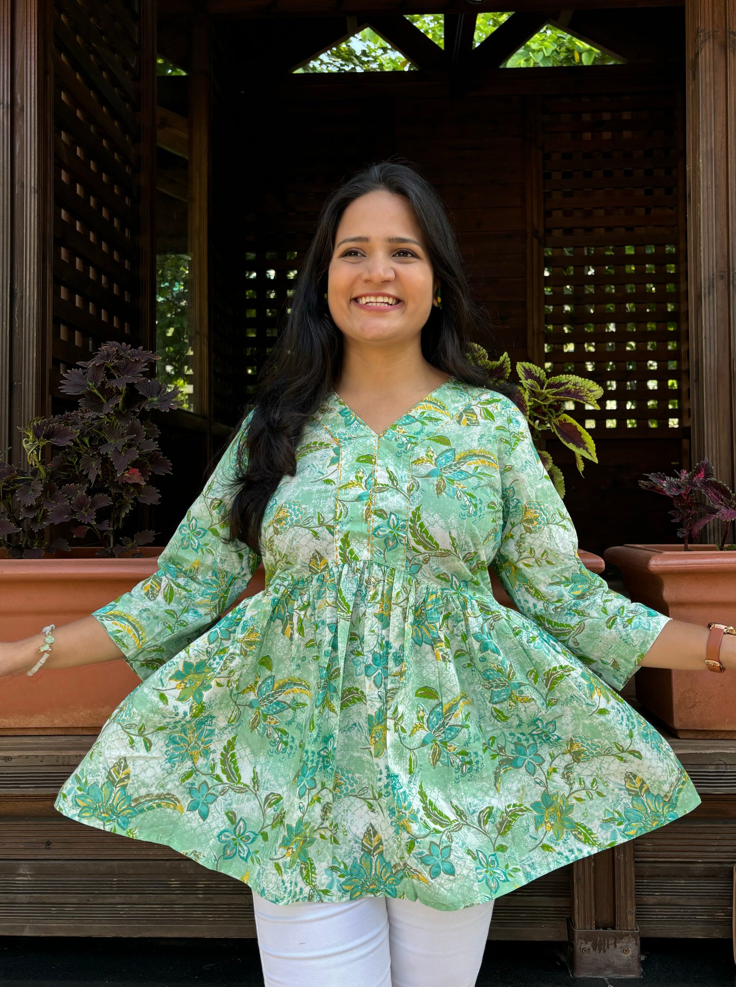 Lemon Green Peplum Top with Kantha work