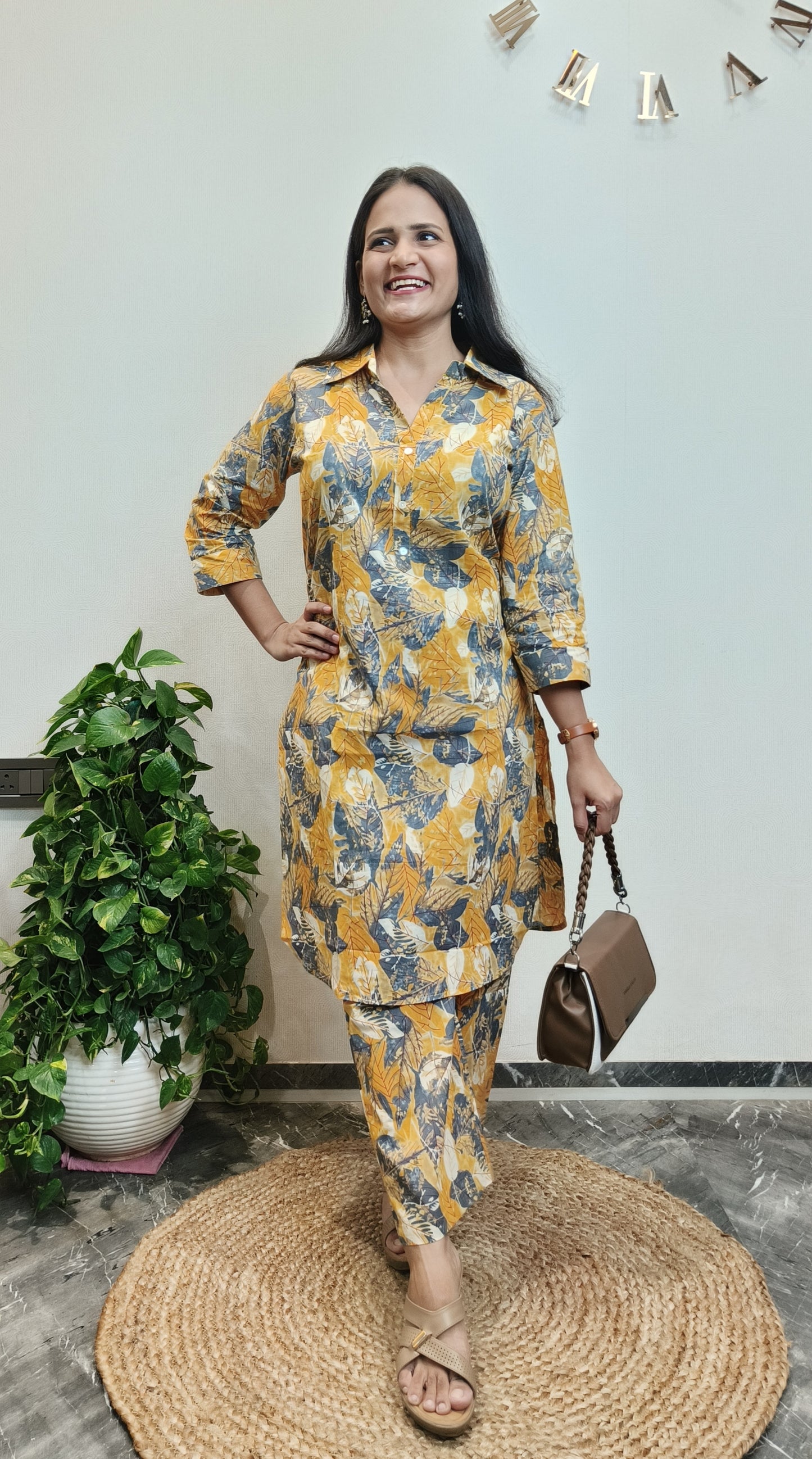 Mustard and Grey Leaf Co-ord Set