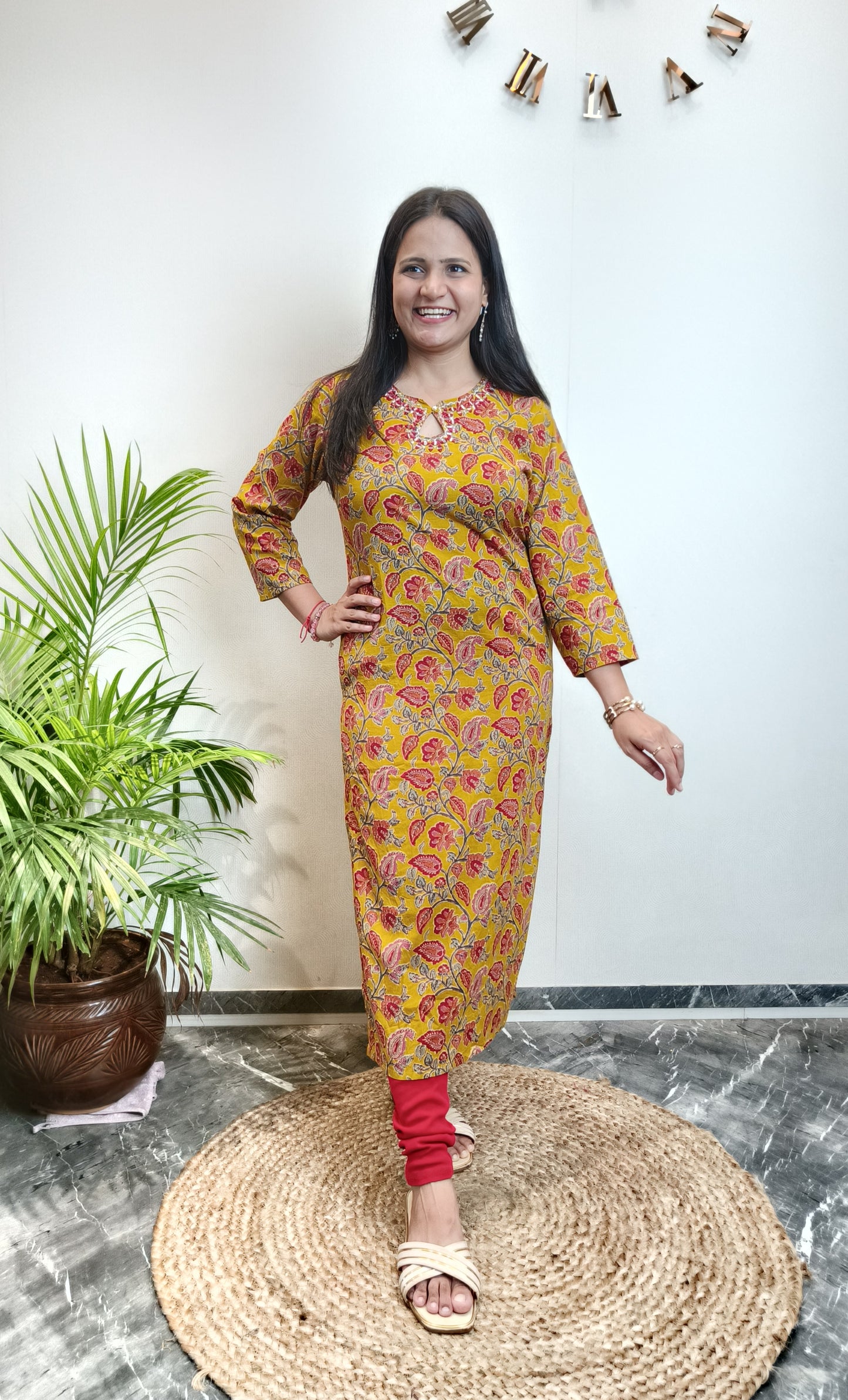 Mustard and Red Floral Mirror Work Cotton Long Kurta