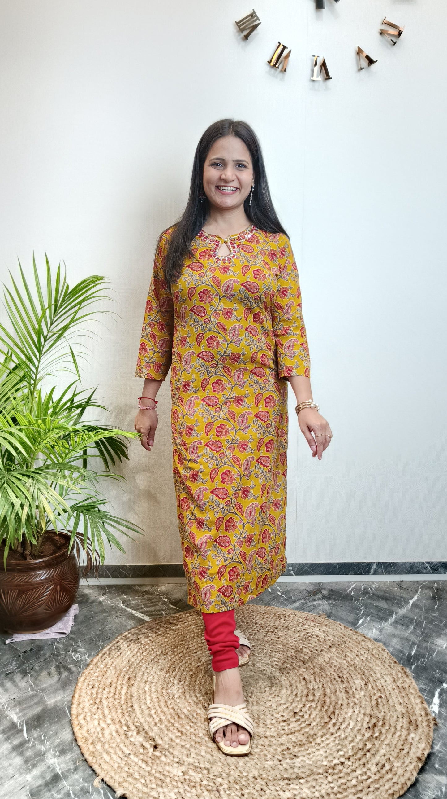 Mustard and Red Floral Mirror Work Cotton Long Kurta