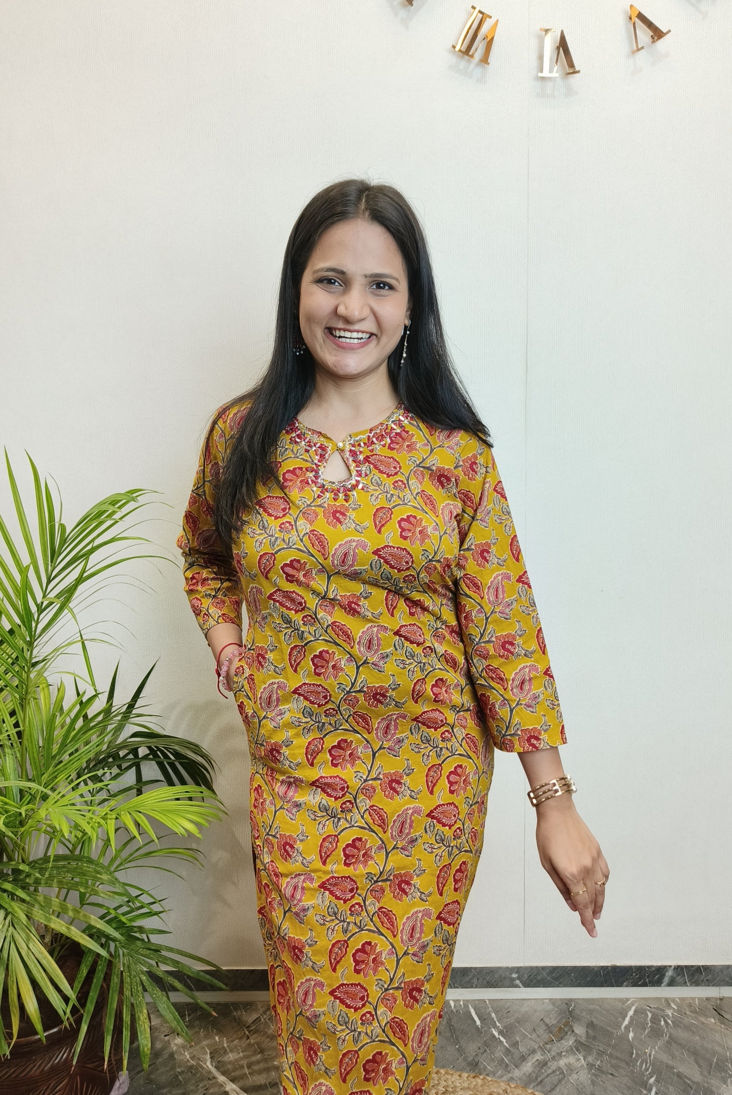 Mustard and Red Floral Mirror Work Cotton Long Kurta