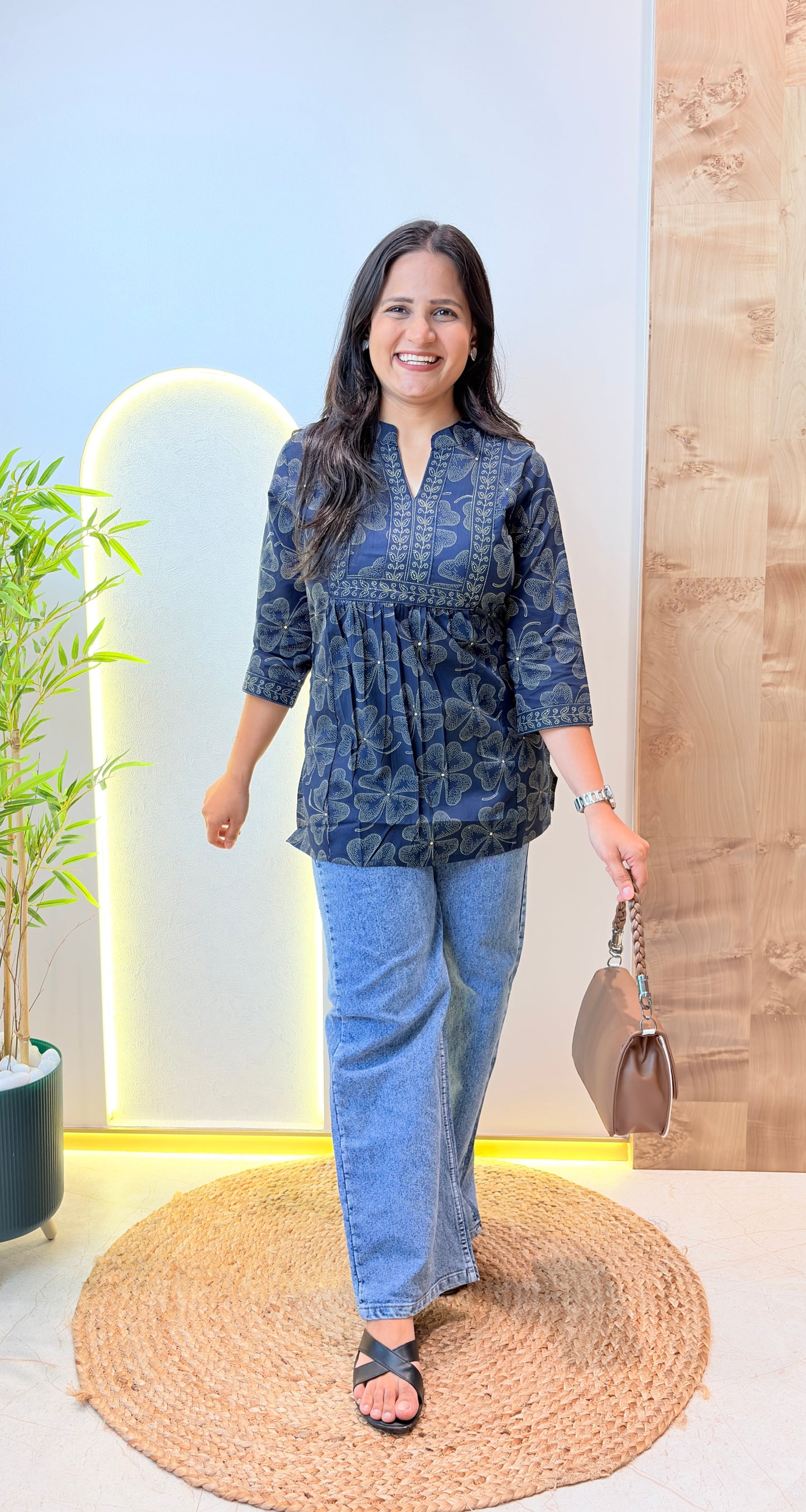 Navy Blue Floral Printed Short Kurta