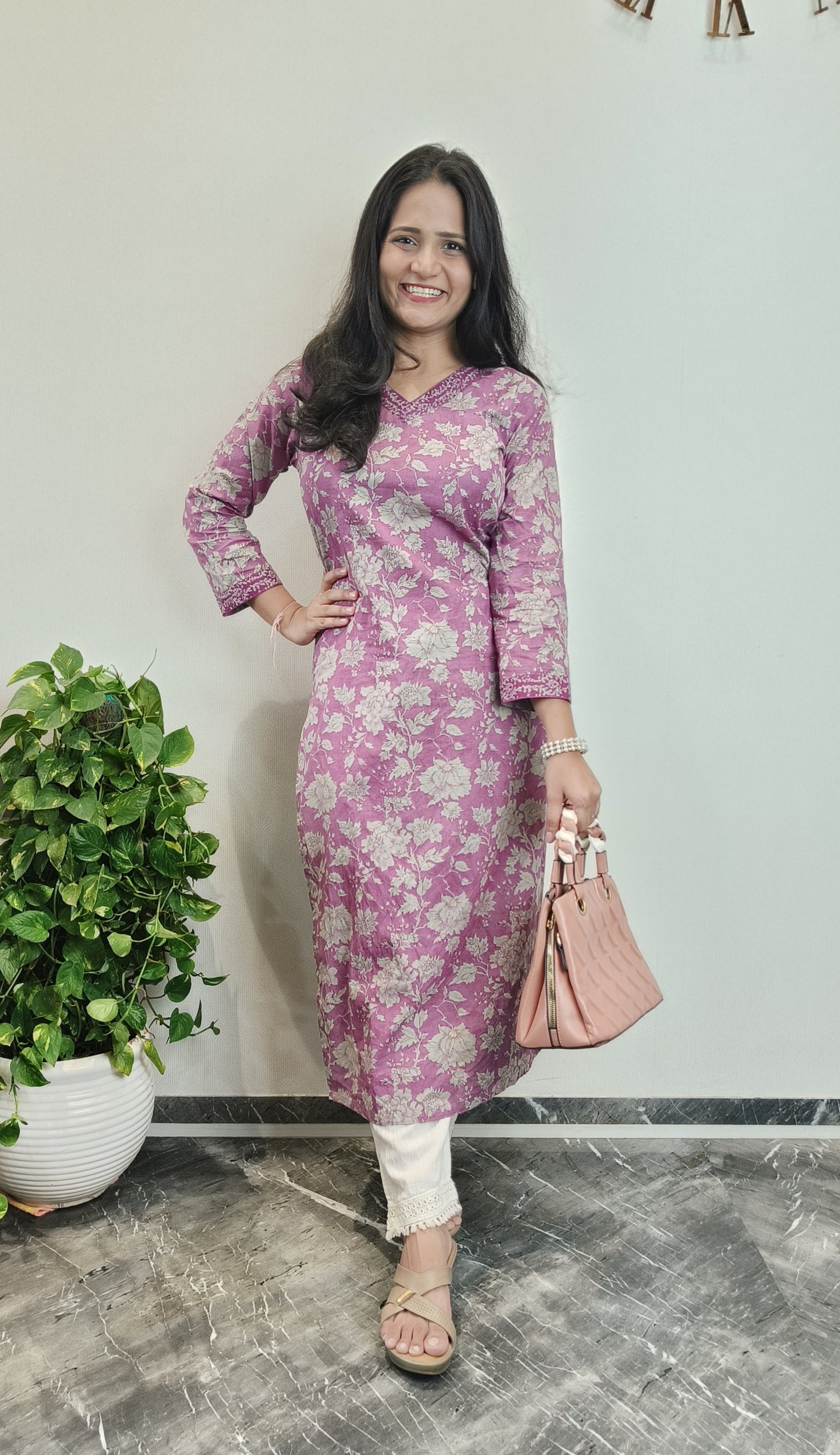 Orchid purple floral printed long kurta