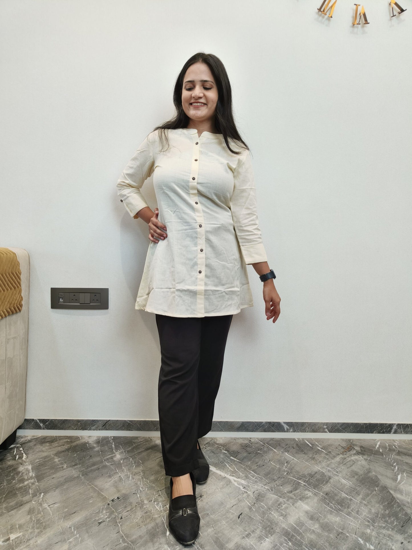 Pale Yellow Cotton Flex Short Kurta