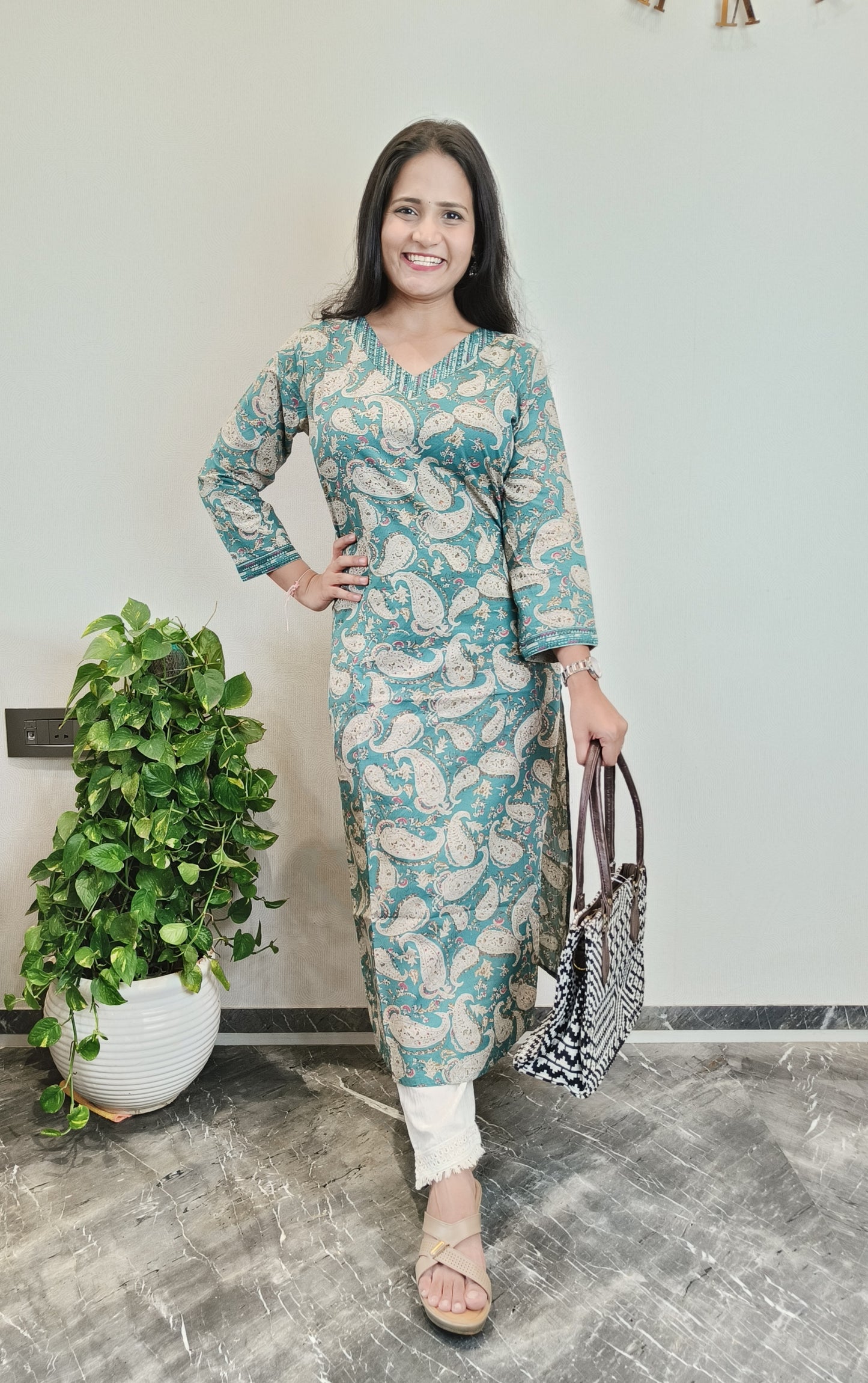 Peacock green paisley print long kurta