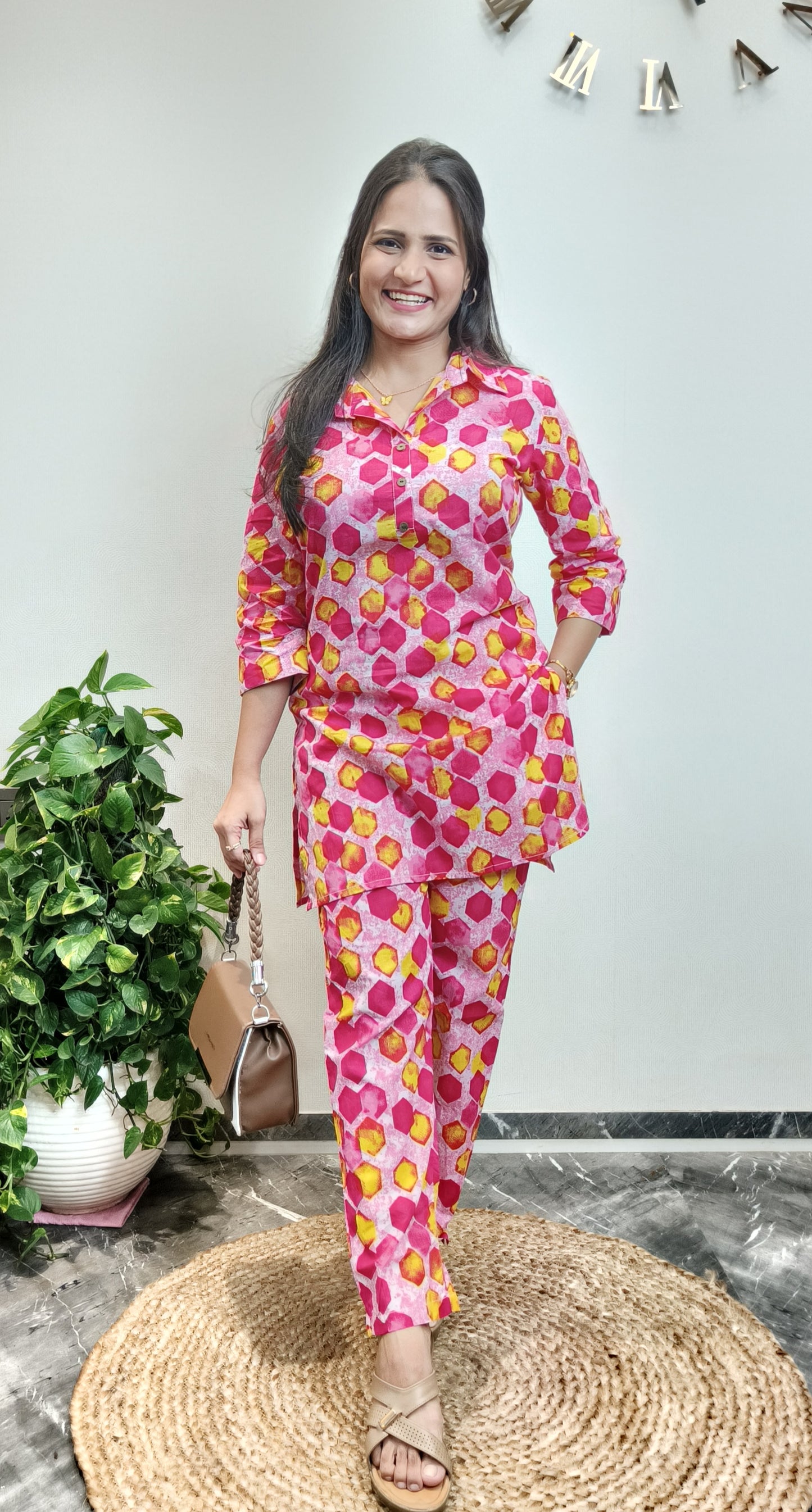 Pink and Yellow Geometric Print Co-ord Set