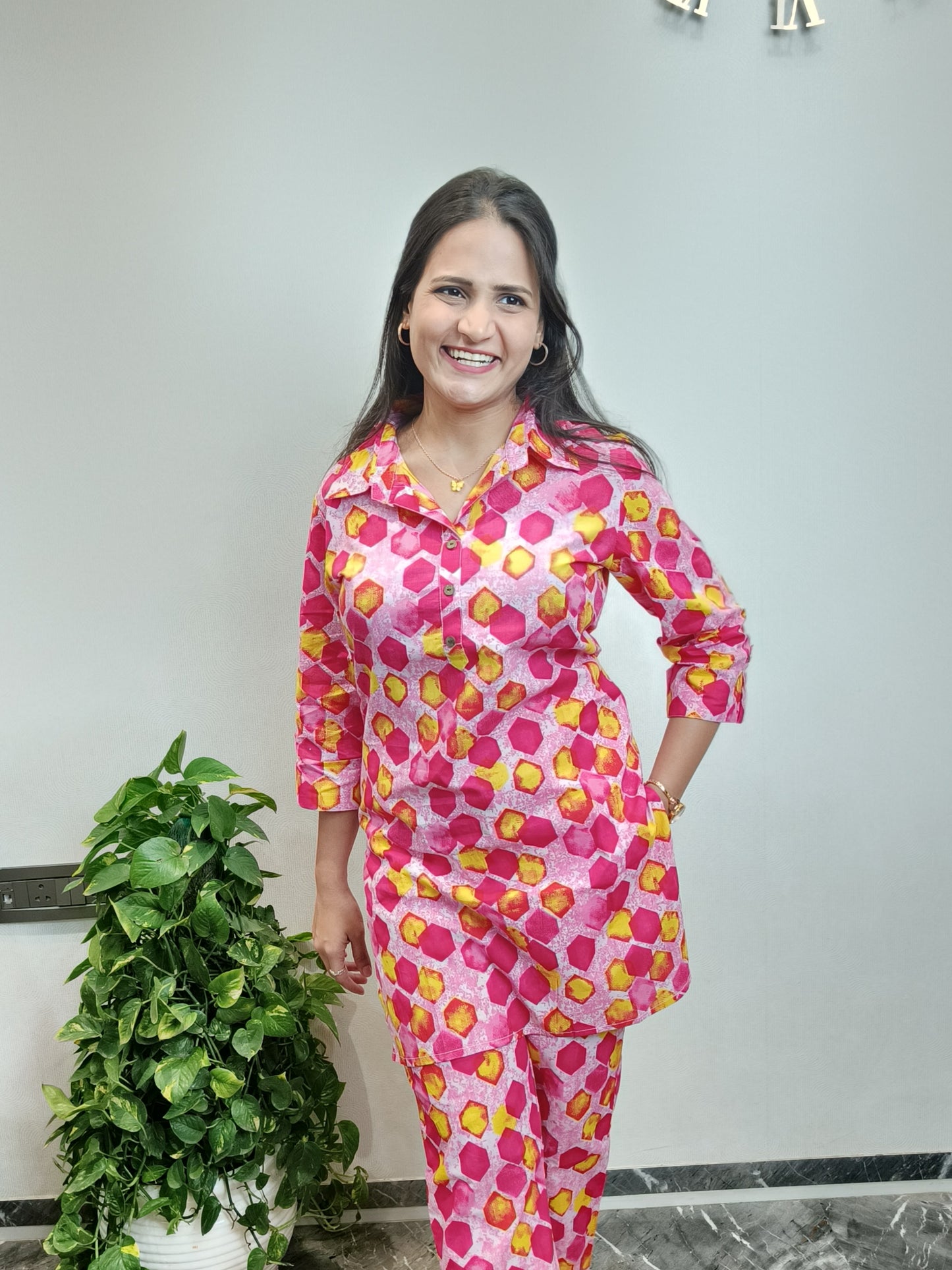 Pink and Yellow Geometric Print Co-ord Set
