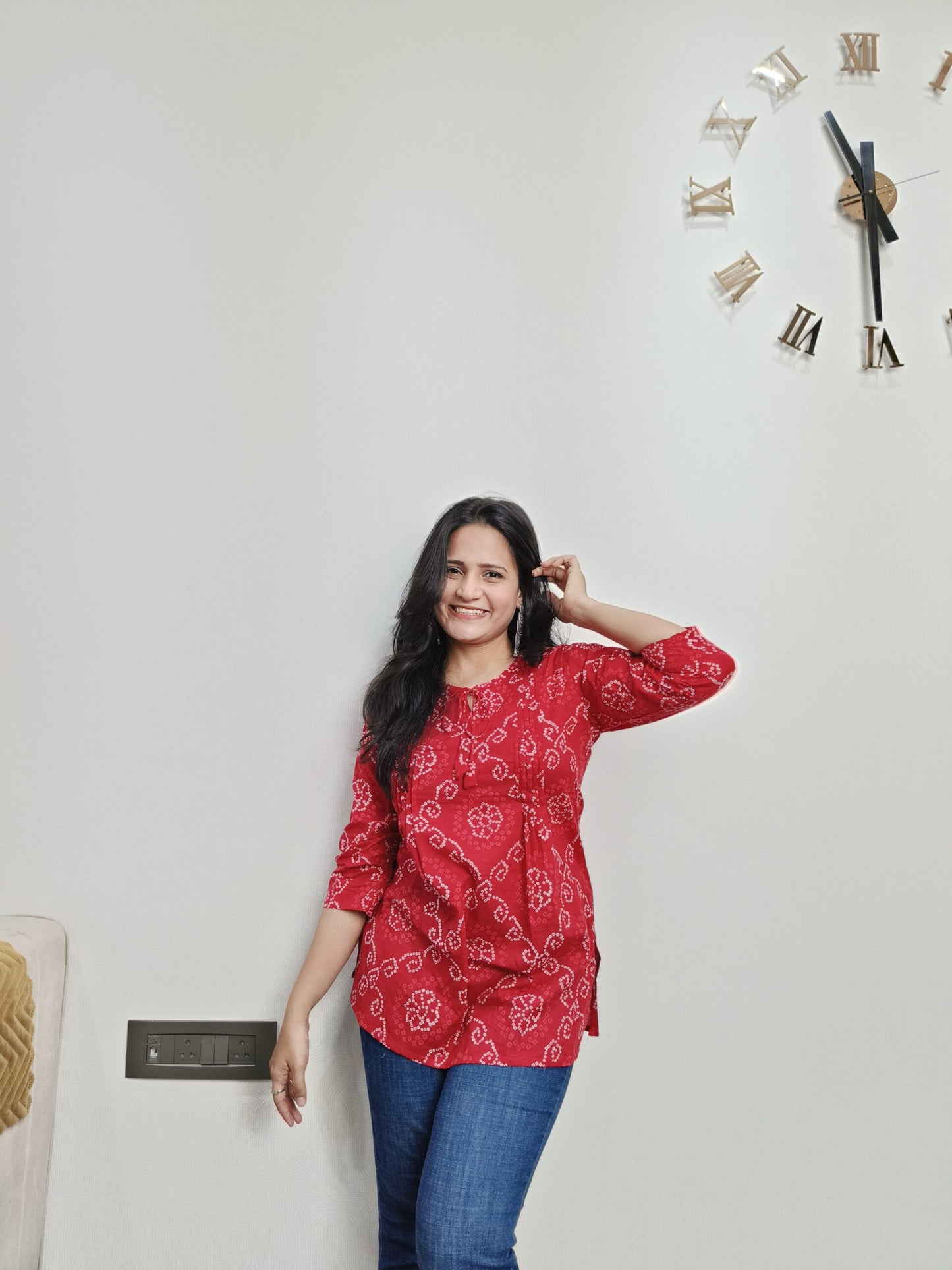 Red bandhani print pintex short kurta