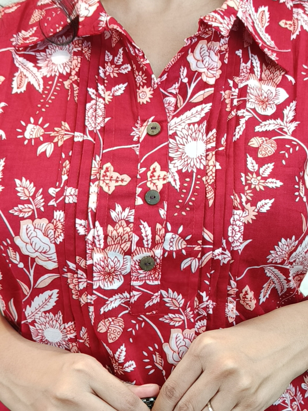 Red Floral Pintex Short Kurta