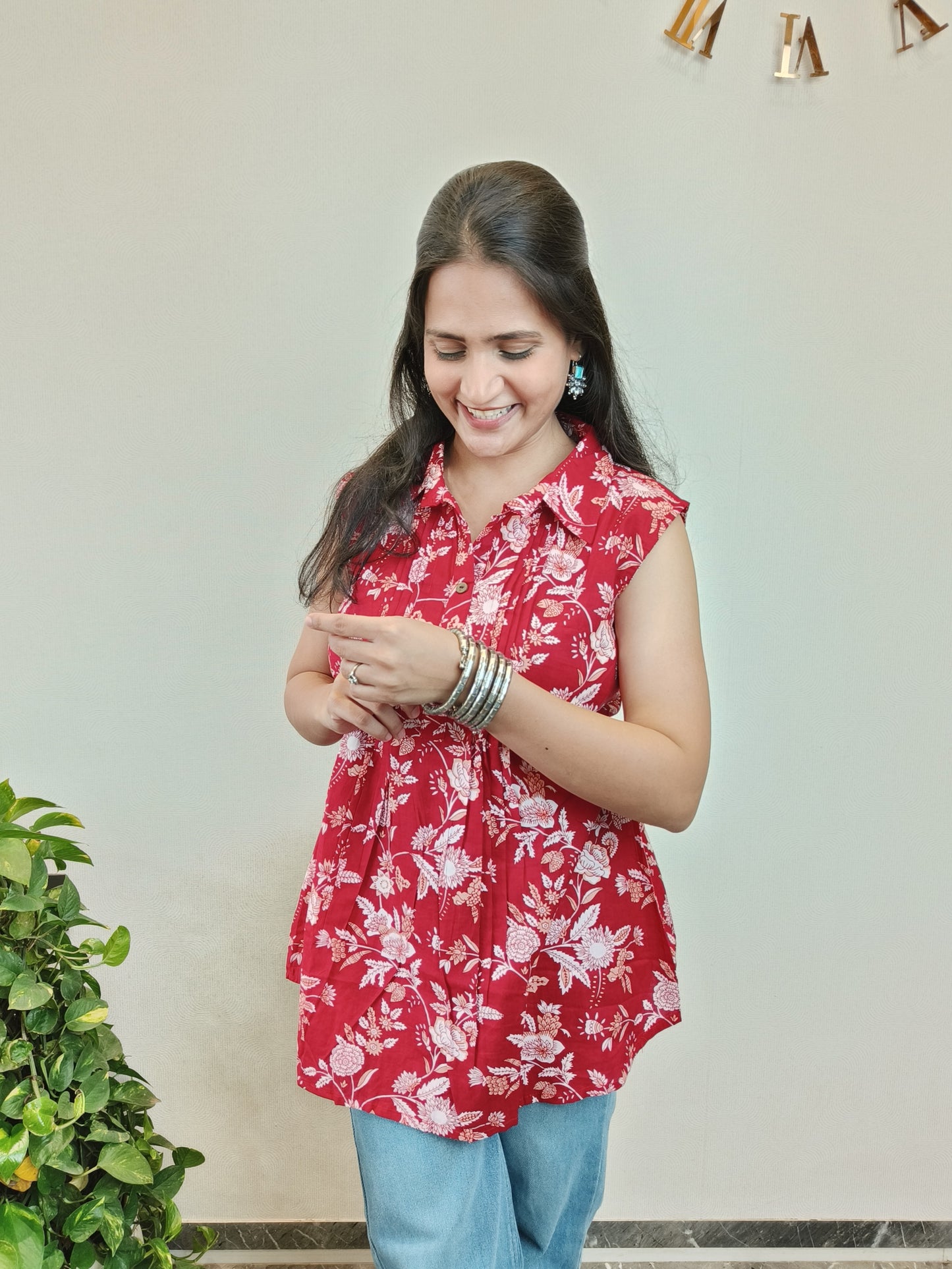 Red Floral Pintex Short Kurta